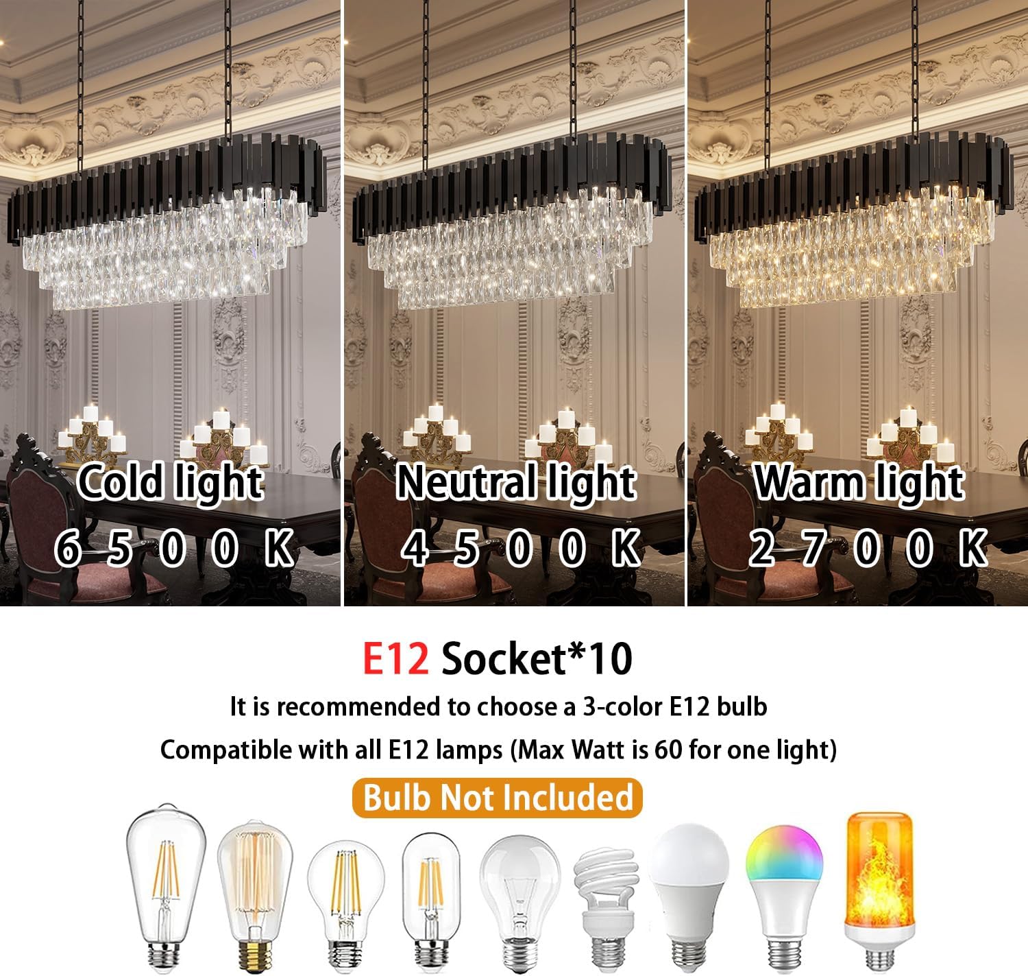 Modern Luxury Rectangular Black Crystal Chandelier – 40” Island Pendant Light with E12 Sockets, Adjustable Height