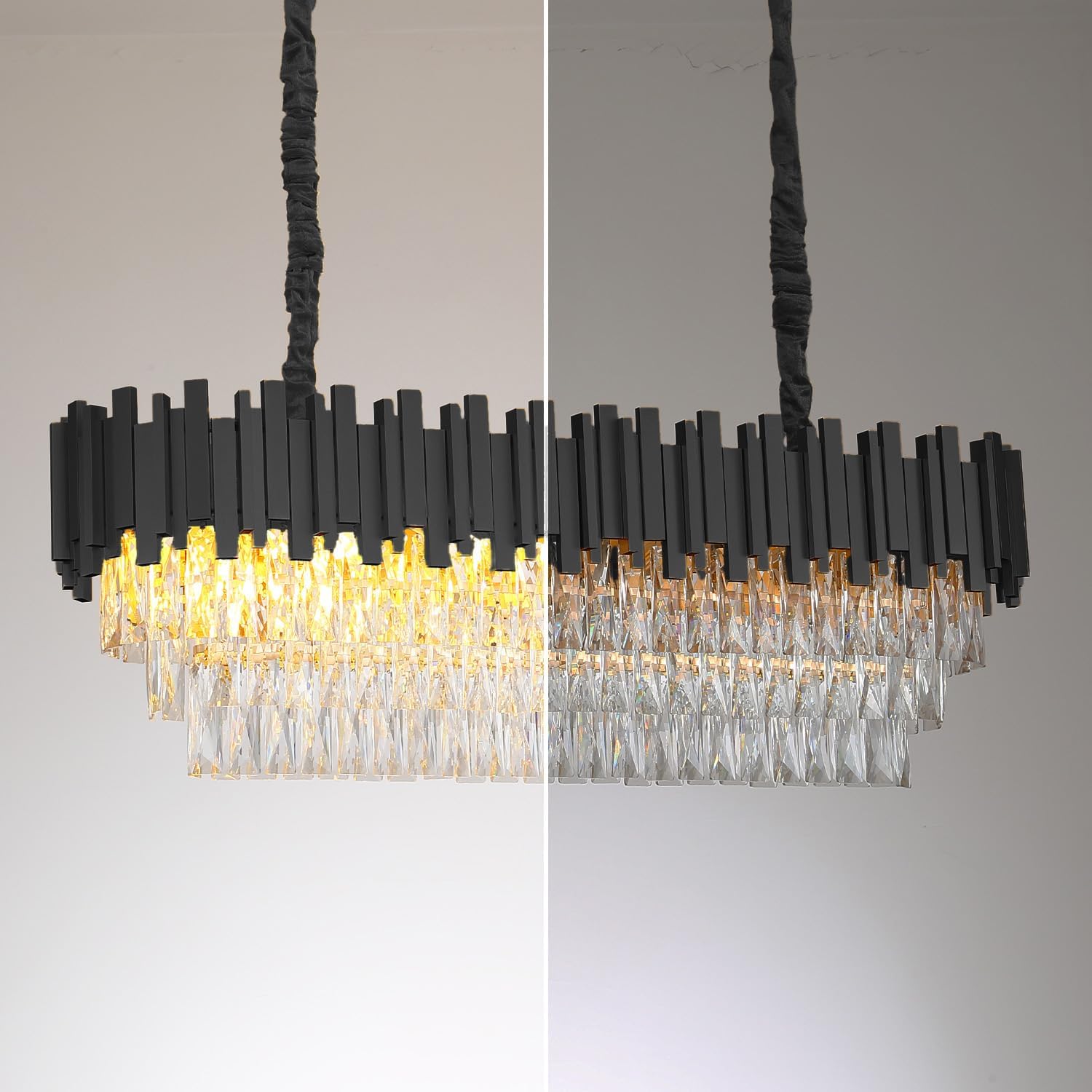 Modern Luxury Rectangular Black Crystal Chandelier – 40” Island Pendant Light with E12 Sockets, Adjustable Height