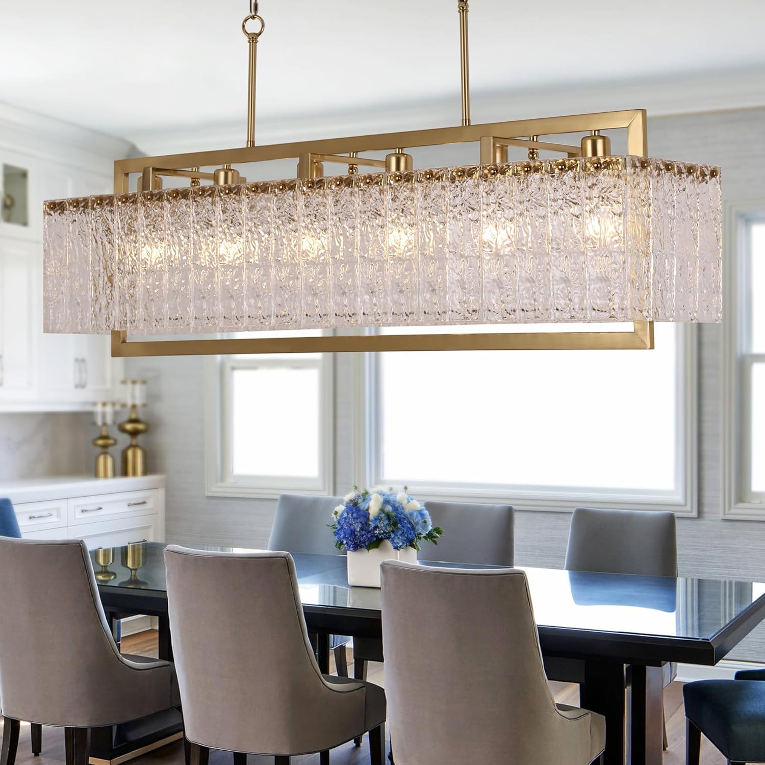 Modern Luxury Rectangular Water Ripple Glass Chandelier - Brushed Gold, Adjustable Height