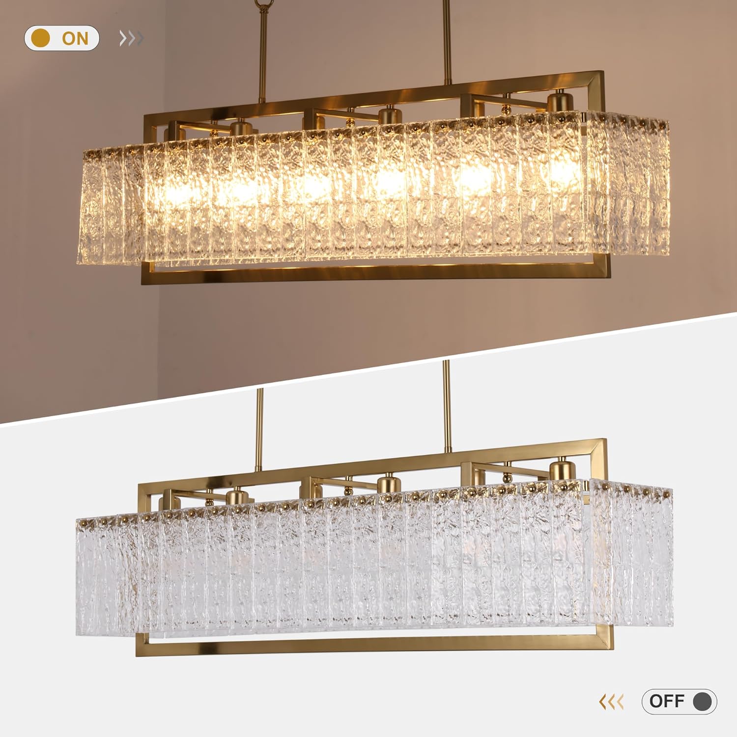Modern Luxury Rectangular Water Ripple Glass Chandelier - Brushed Gold, Adjustable Height