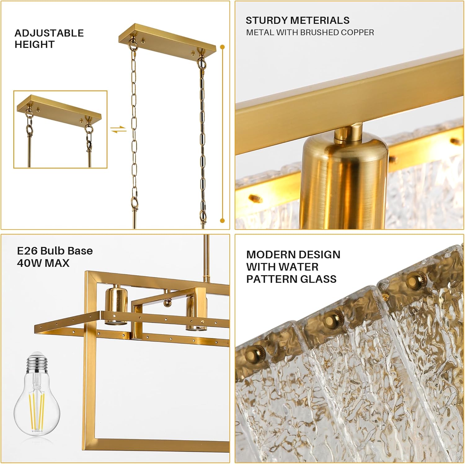 Modern Luxury Rectangular Water Ripple Glass Chandelier - Brushed Gold, Adjustable Height