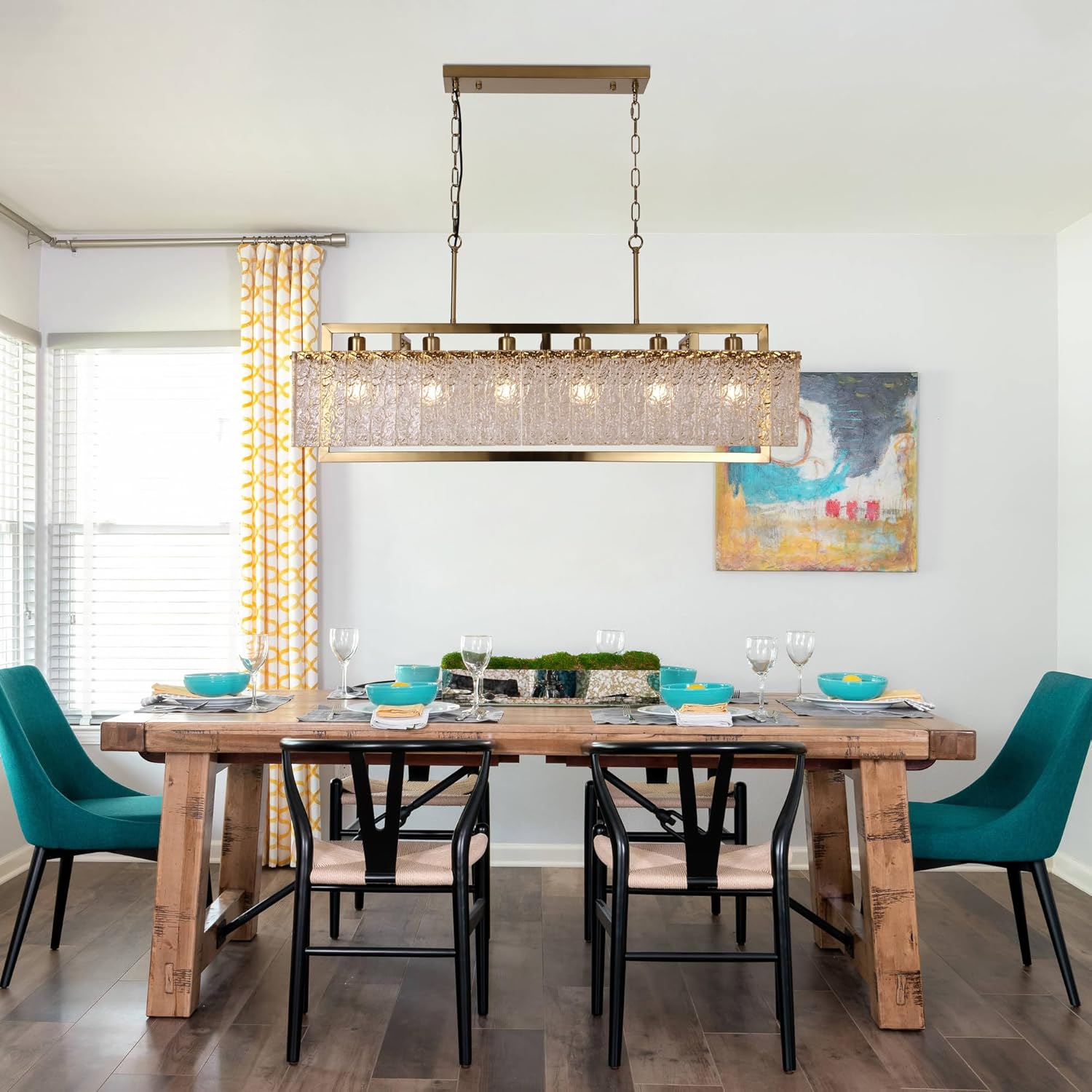 Modern Luxury Rectangular Water Ripple Glass Chandelier - Brushed Gold, Adjustable Height