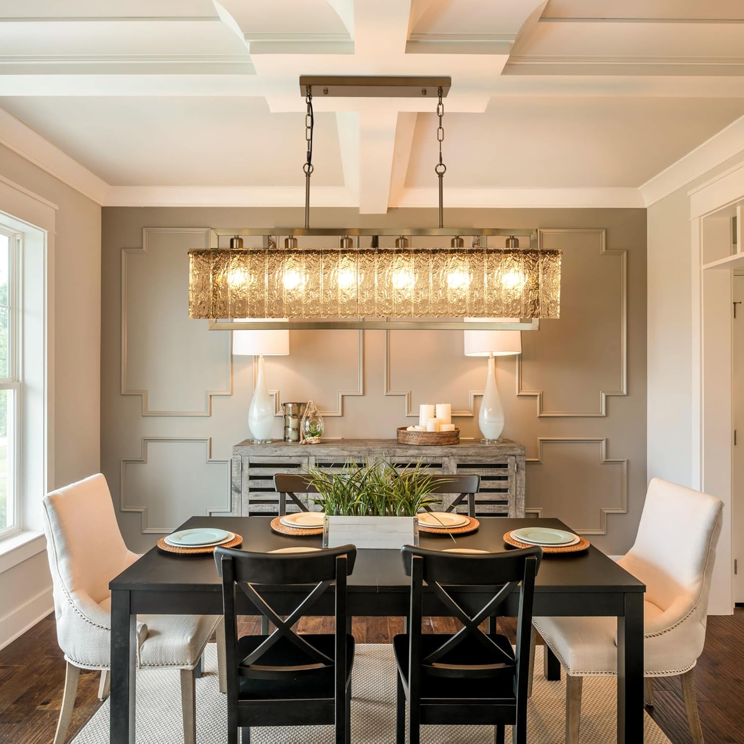 Modern Luxury Rectangular Water Ripple Glass Chandelier - Brushed Gold, Adjustable Height