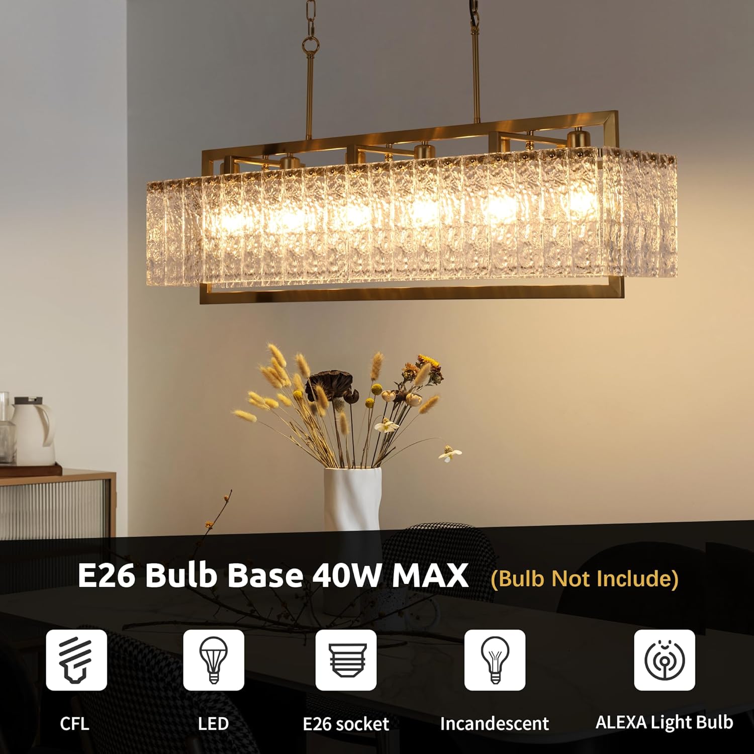 Modern Luxury Rectangular Water Ripple Glass Chandelier - Brushed Gold, Adjustable Height