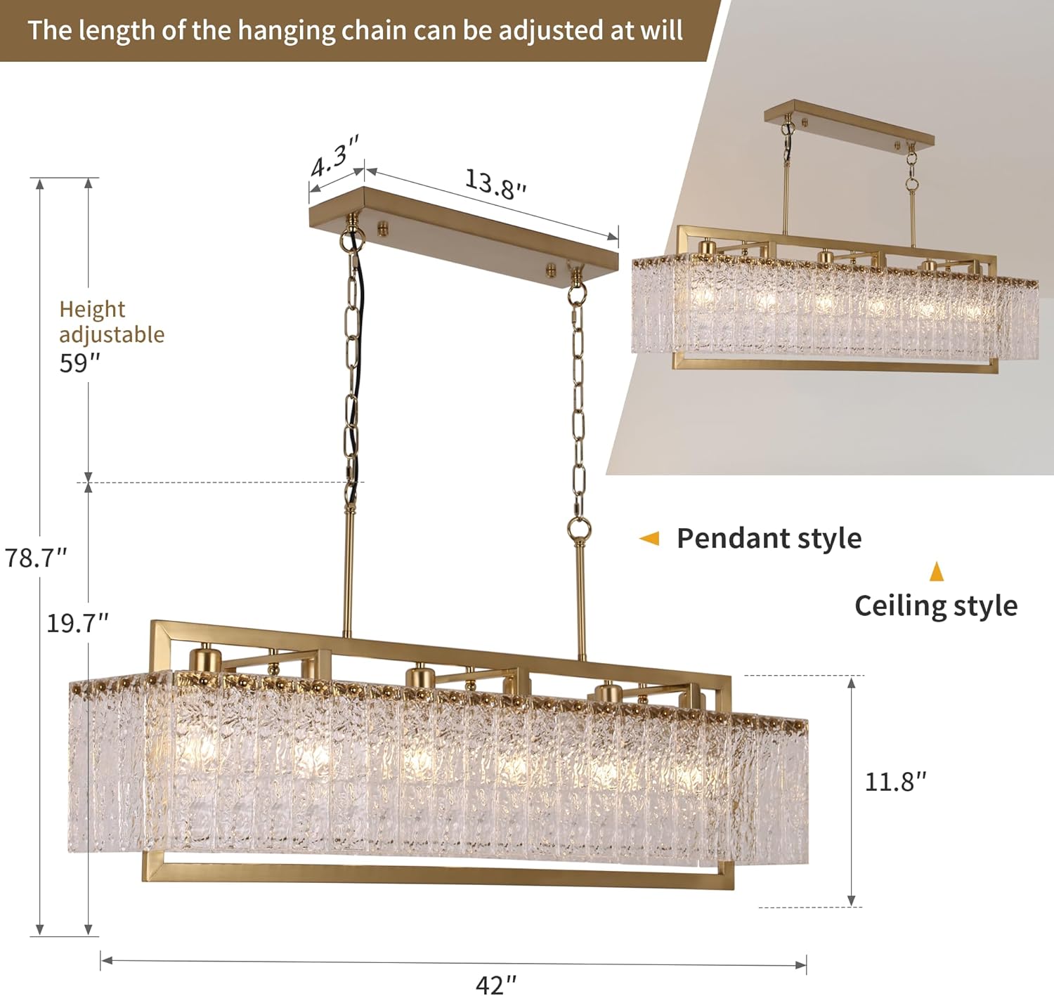 Modern Luxury Rectangular Water Ripple Glass Chandelier - Brushed Gold, Adjustable Height