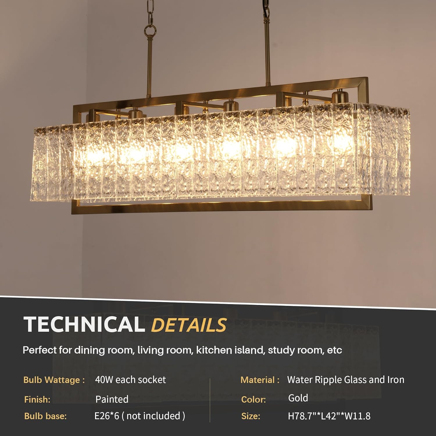 Modern Luxury Rectangular Water Ripple Glass Chandelier - Brushed Gold, Adjustable Height