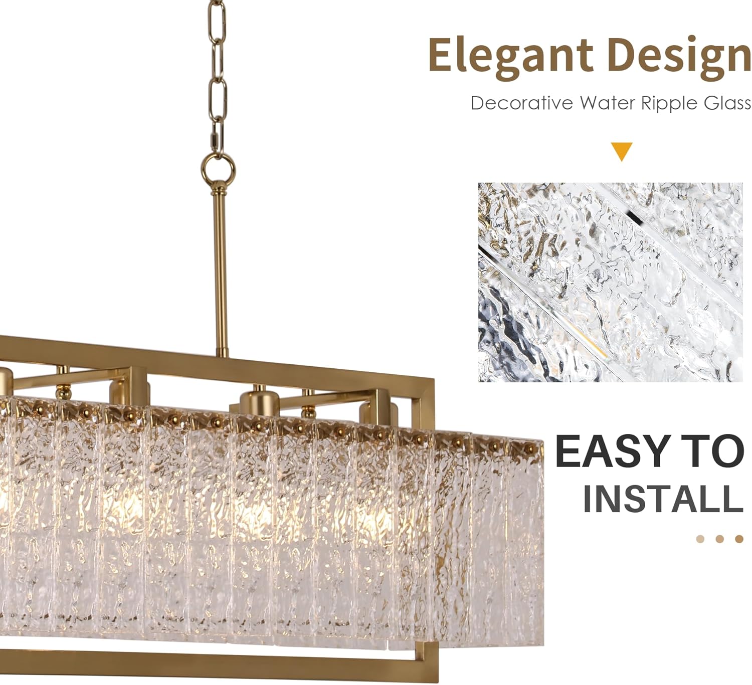 Modern Luxury Rectangular Water Ripple Glass Chandelier - Brushed Gold, Adjustable Height