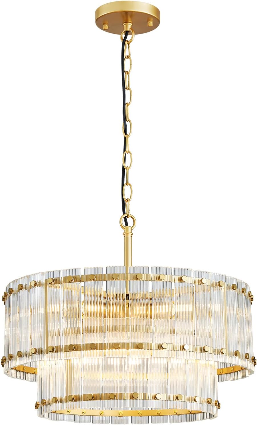 Modern Gold Crystal Chandelier – 2-Tier Adjustable Pendant with Ribbed Glass