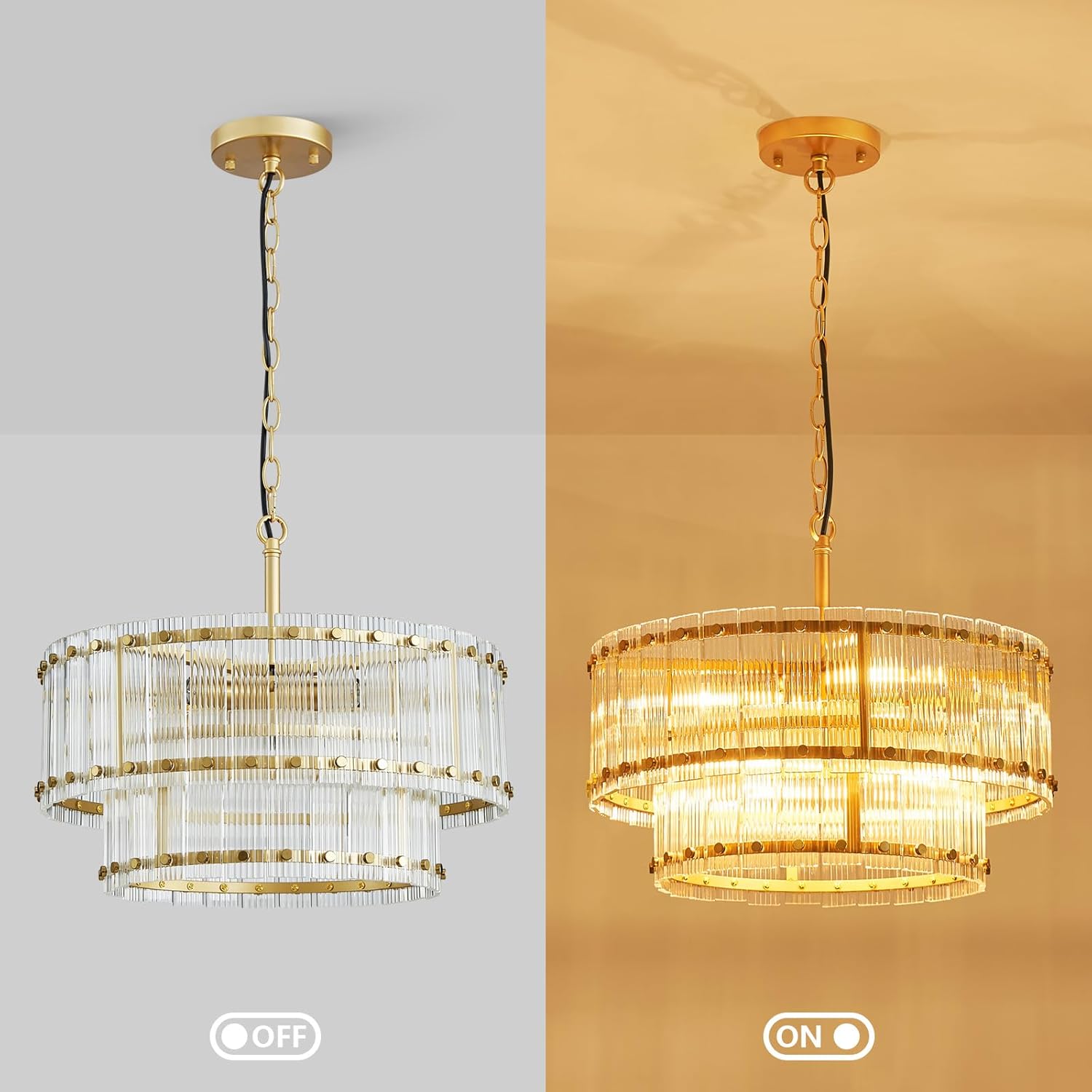 Modern Gold Crystal Chandelier – 2-Tier Adjustable Pendant with Ribbed Glass
