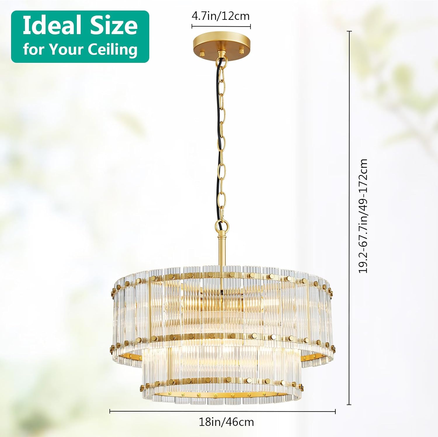 Modern Gold Crystal Chandelier – 2-Tier Adjustable Pendant with Ribbed Glass
