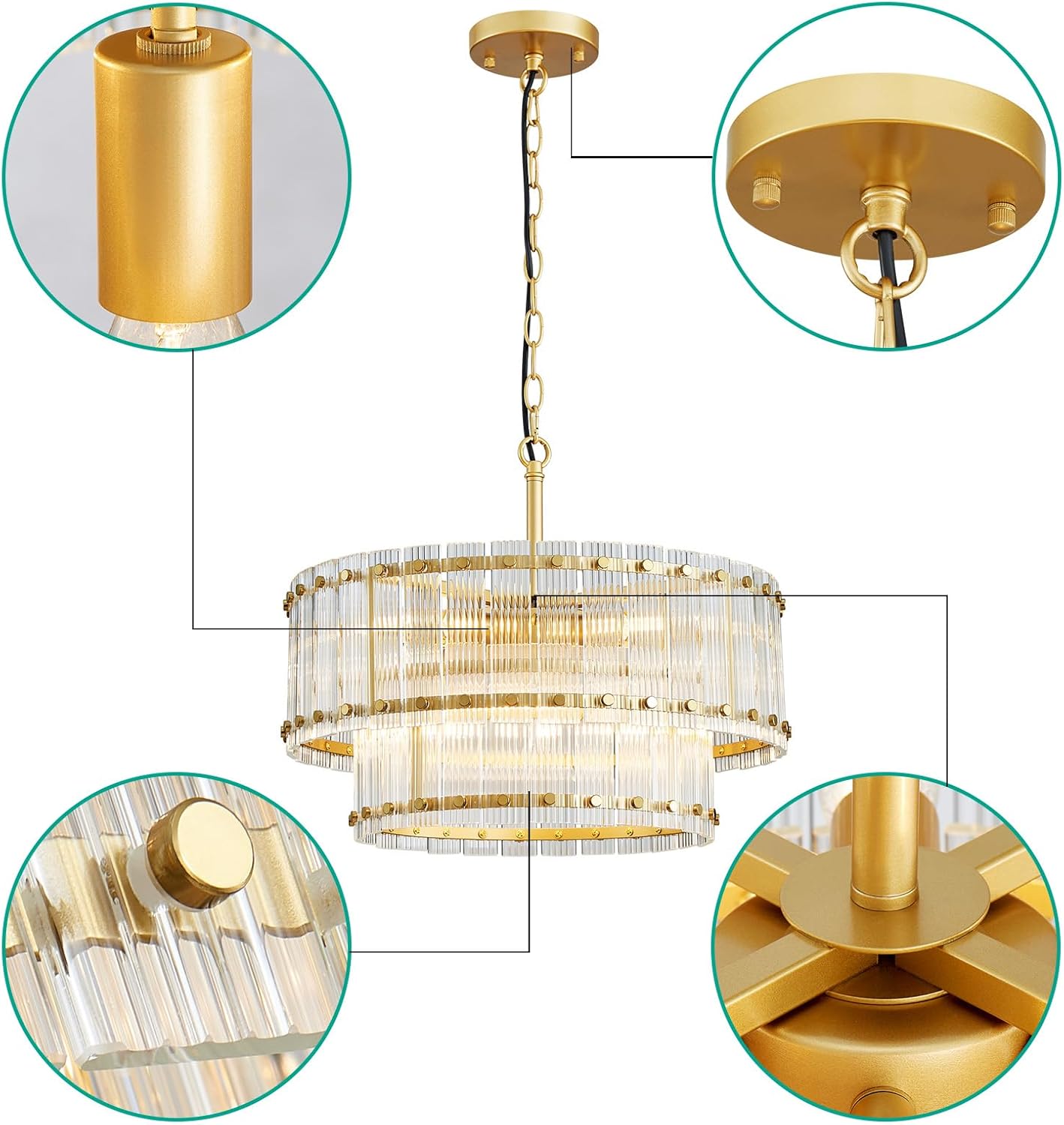 Modern Gold Crystal Chandelier – 2-Tier Adjustable Pendant with Ribbed Glass