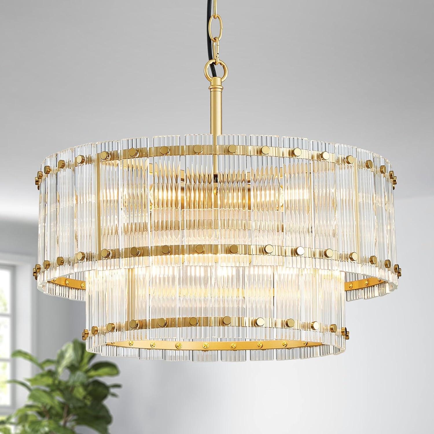Modern Gold Crystal Chandelier – 2-Tier Adjustable Pendant with Ribbed Glass