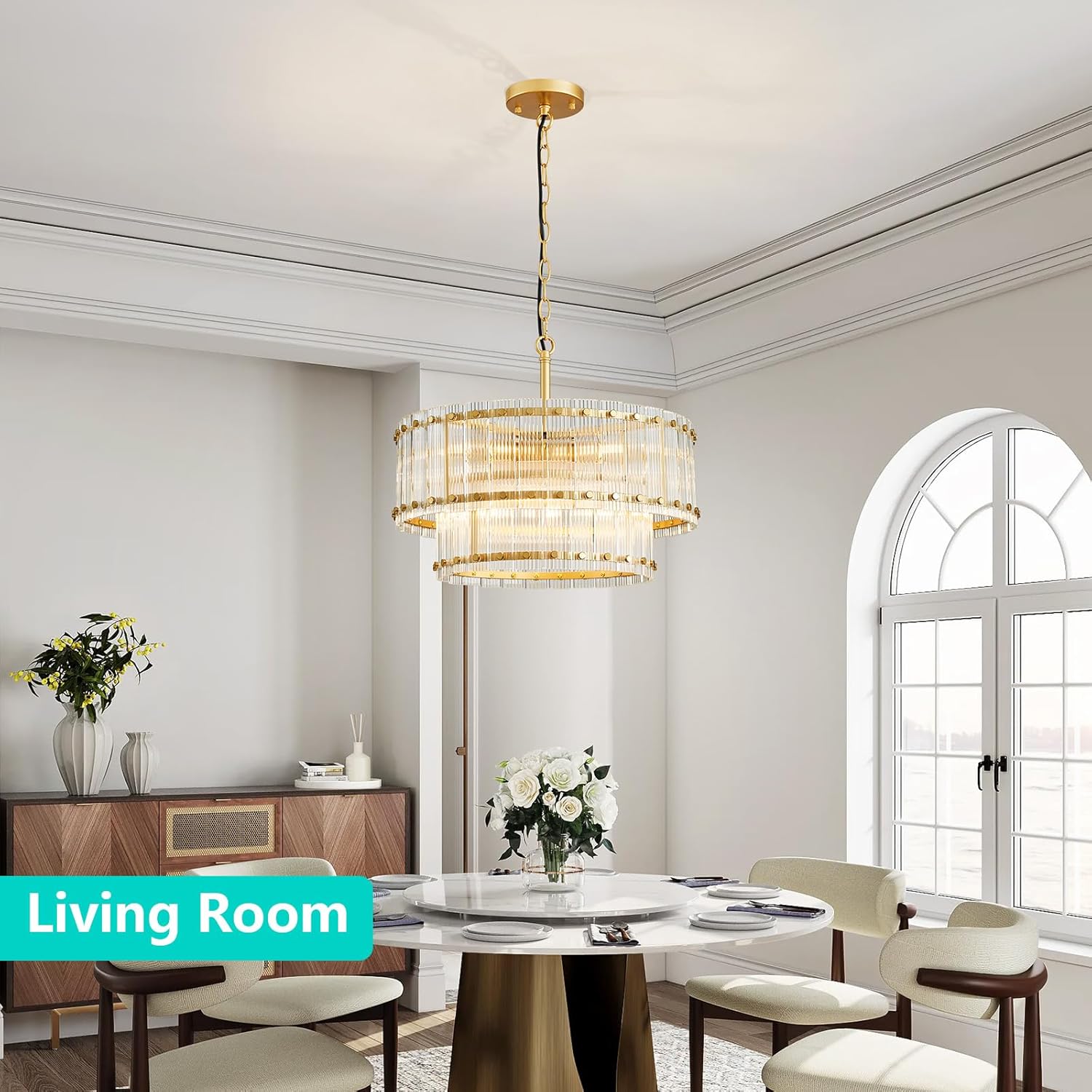 Modern Gold Crystal Chandelier – 2-Tier Adjustable Pendant with Ribbed Glass