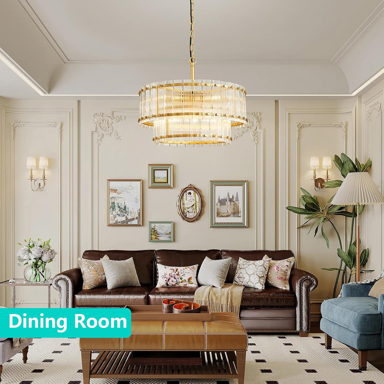 Modern Gold Crystal Chandelier – 2-Tier Adjustable Pendant with Ribbed Glass