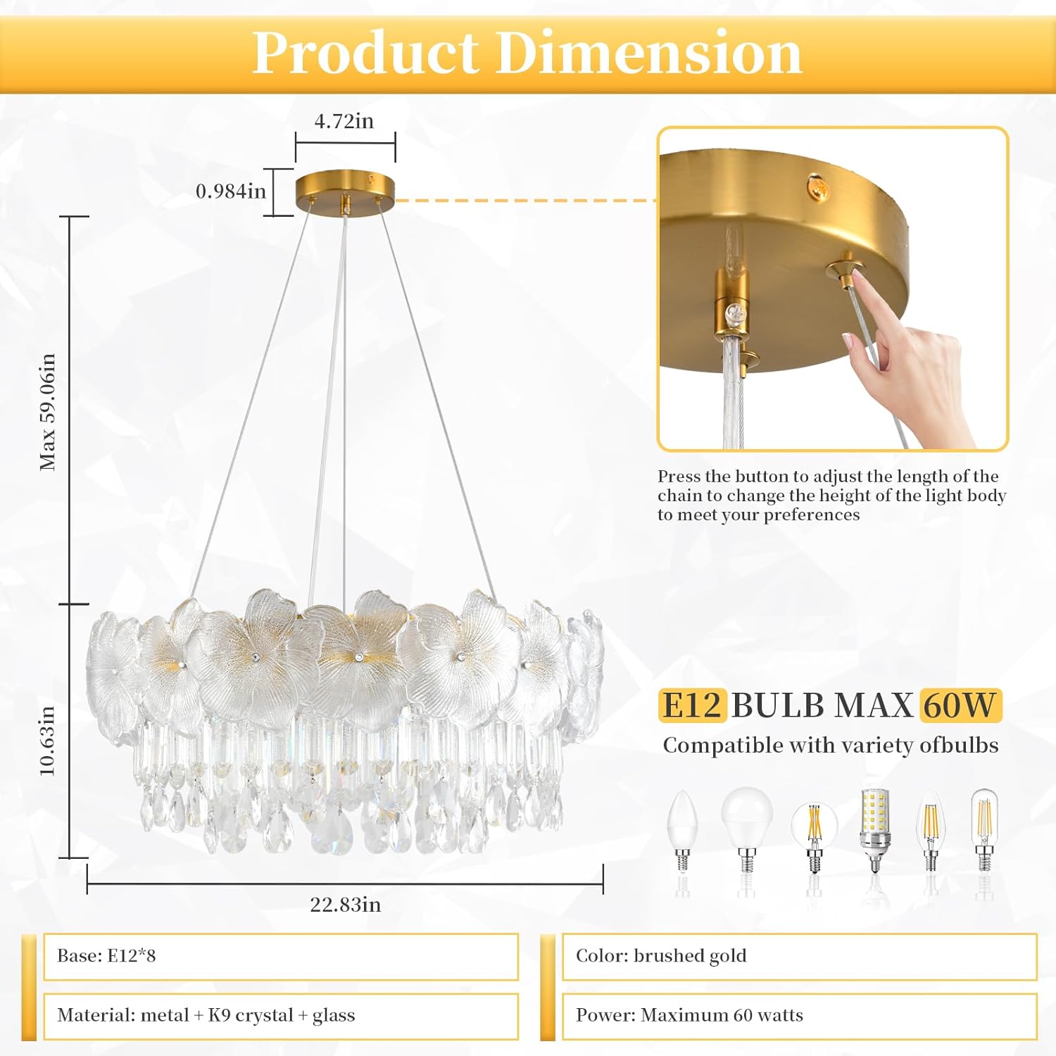 Luxury Modern Floral Crystal Chandelier, 22.8'' Round Adjustable Pendant with K9 Crystal and Glass Flowers, 8-Light E12 Ceiling Fixture