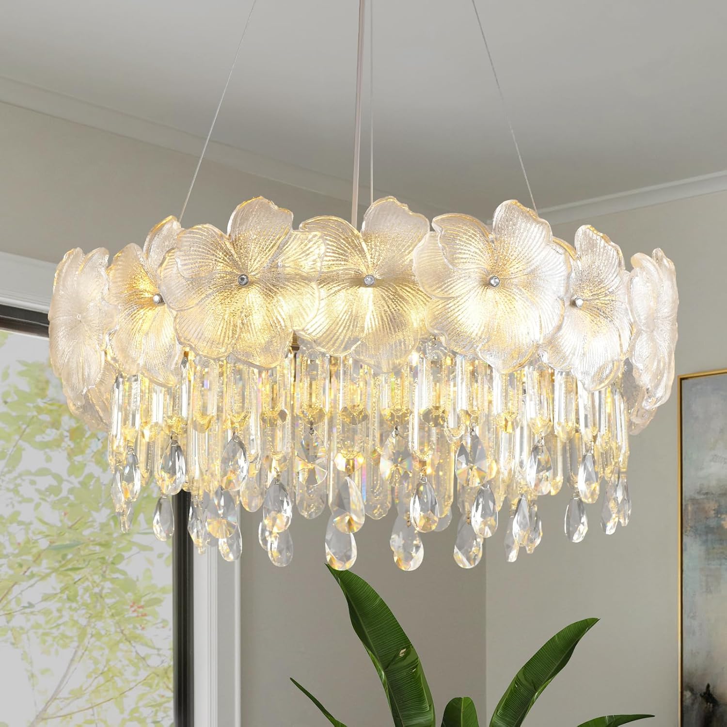 Luxury Modern Floral Crystal Chandelier, 22.8'' Round Adjustable Pendant with K9 Crystal and Glass Flowers, 8-Light E12 Ceiling Fixture
