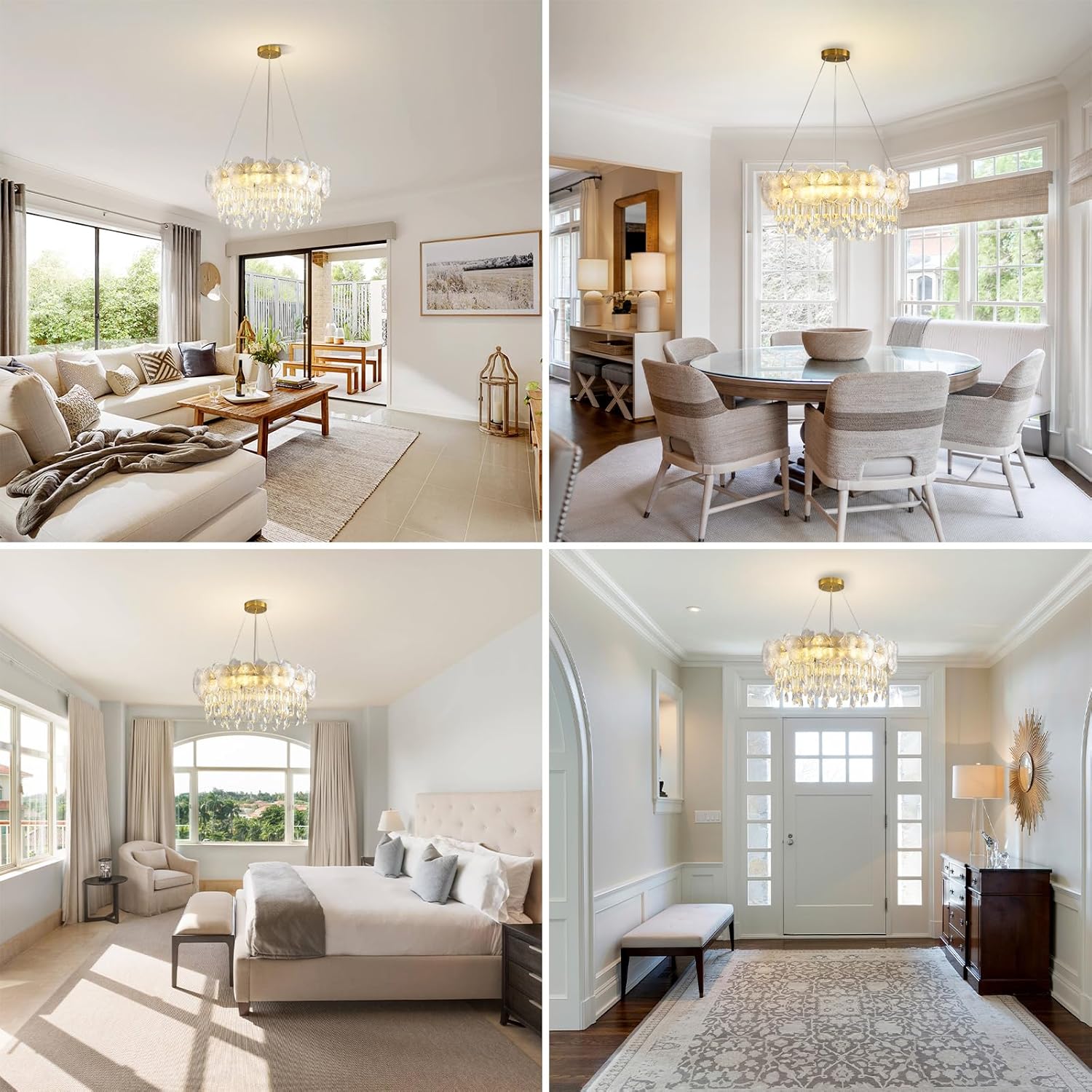 Luxury Modern Floral Crystal Chandelier, 22.8'' Round Adjustable Pendant with K9 Crystal and Glass Flowers, 8-Light E12 Ceiling Fixture