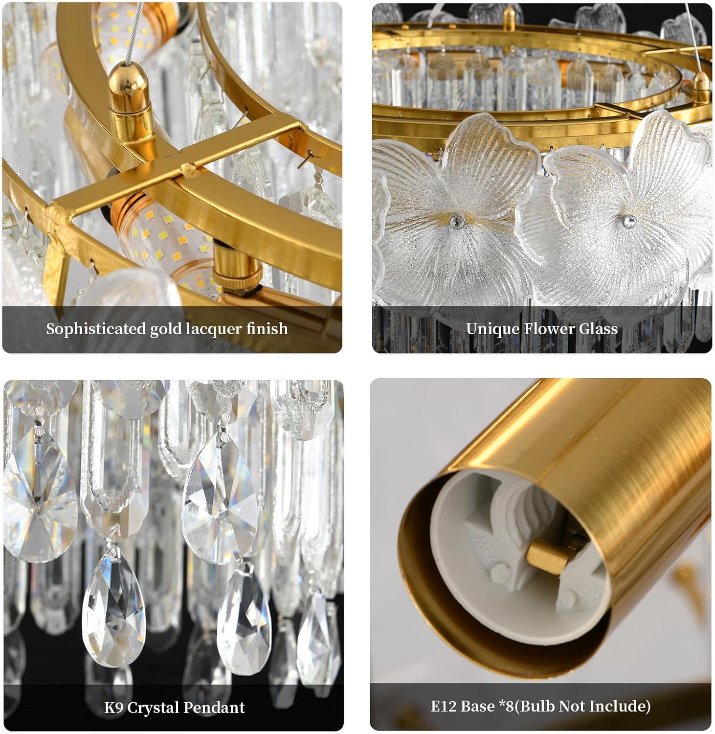 Luxury Modern Floral Crystal Chandelier, 22.8'' Round Adjustable Pendant with K9 Crystal and Glass Flowers, 8-Light E12 Ceiling Fixture