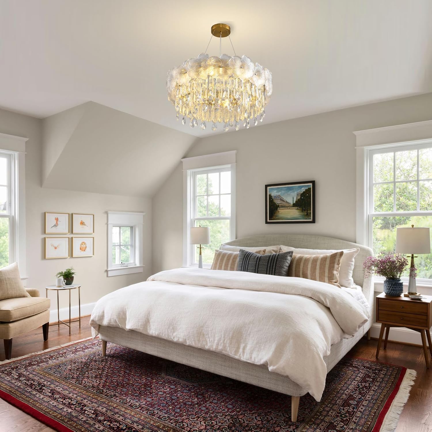 Luxury Modern Floral Crystal Chandelier, 22.8'' Round Adjustable Pendant with K9 Crystal and Glass Flowers, 8-Light E12 Ceiling Fixture