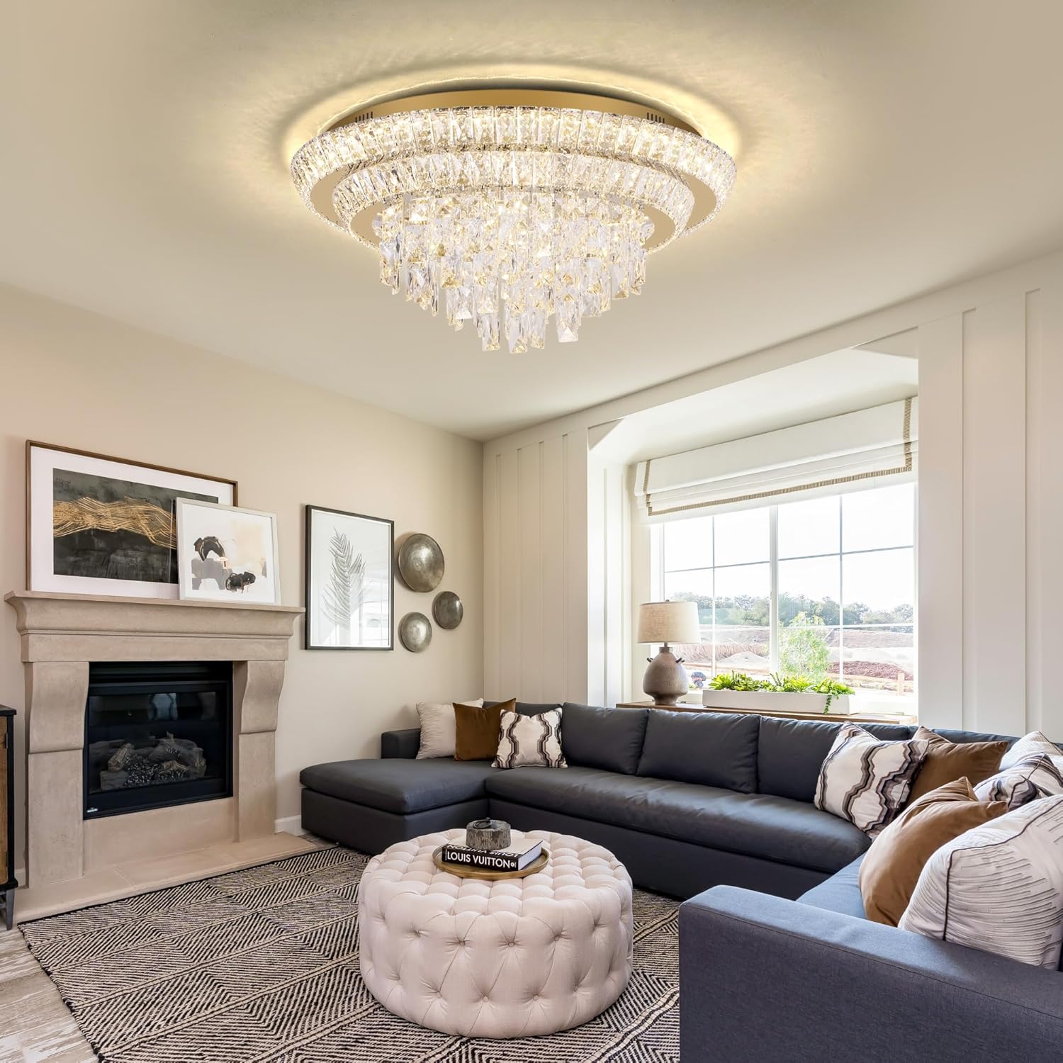 Modern Flush Mount Gold Crystal Chandelier – 24'' Round Dimmable LED Ceiling Light