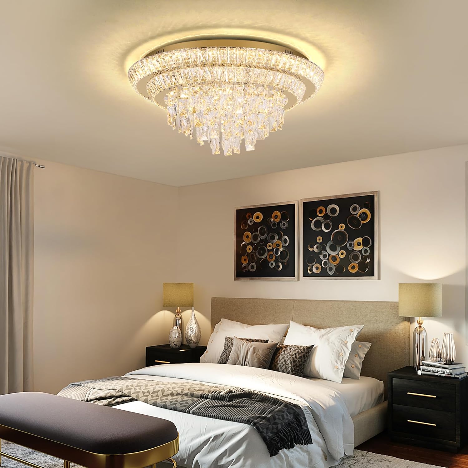 Modern Flush Mount Gold Crystal Chandelier – 24'' Round Dimmable LED Ceiling Light