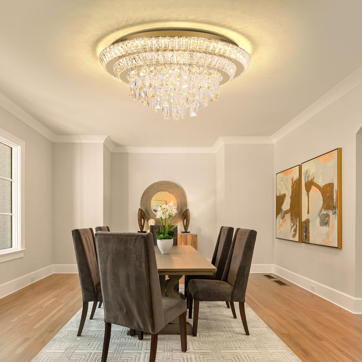 Modern Flush Mount Gold Crystal Chandelier – 24'' Round Dimmable LED Ceiling Light