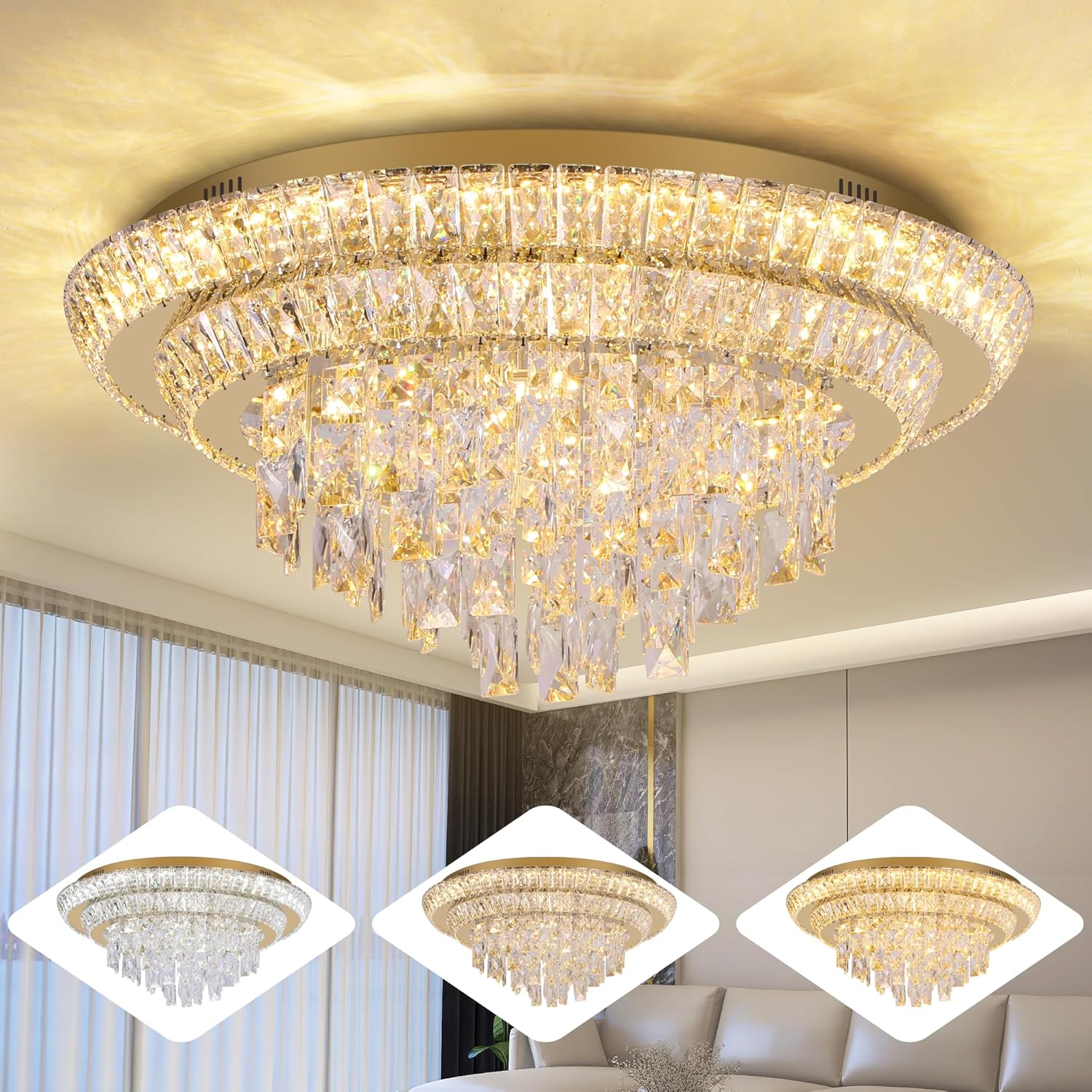 Modern Flush Mount Gold Crystal Chandelier – 24'' Round Dimmable LED Ceiling Light