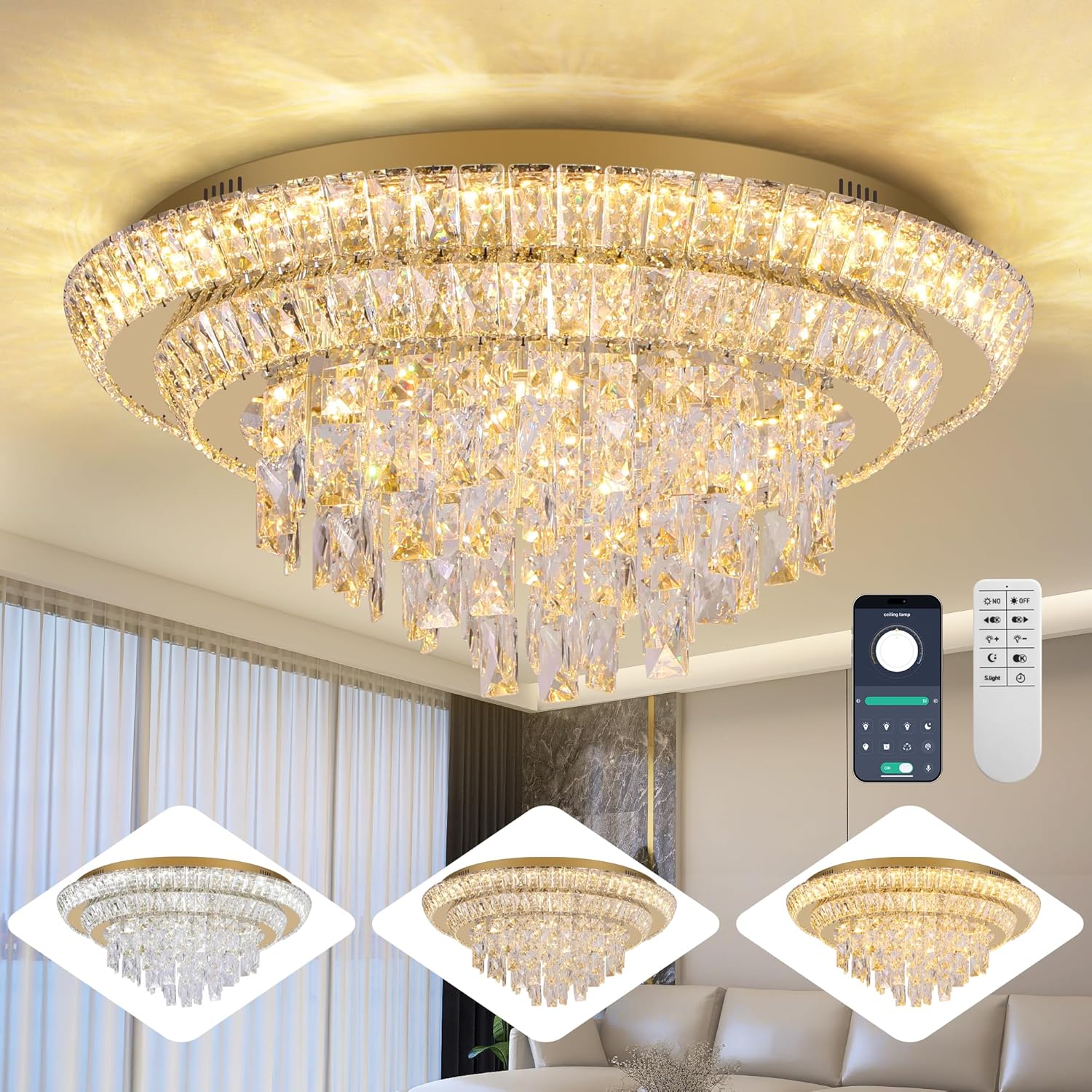 Modern Flush Mount Gold Crystal Chandelier – 24'' Round Dimmable LED Ceiling Light