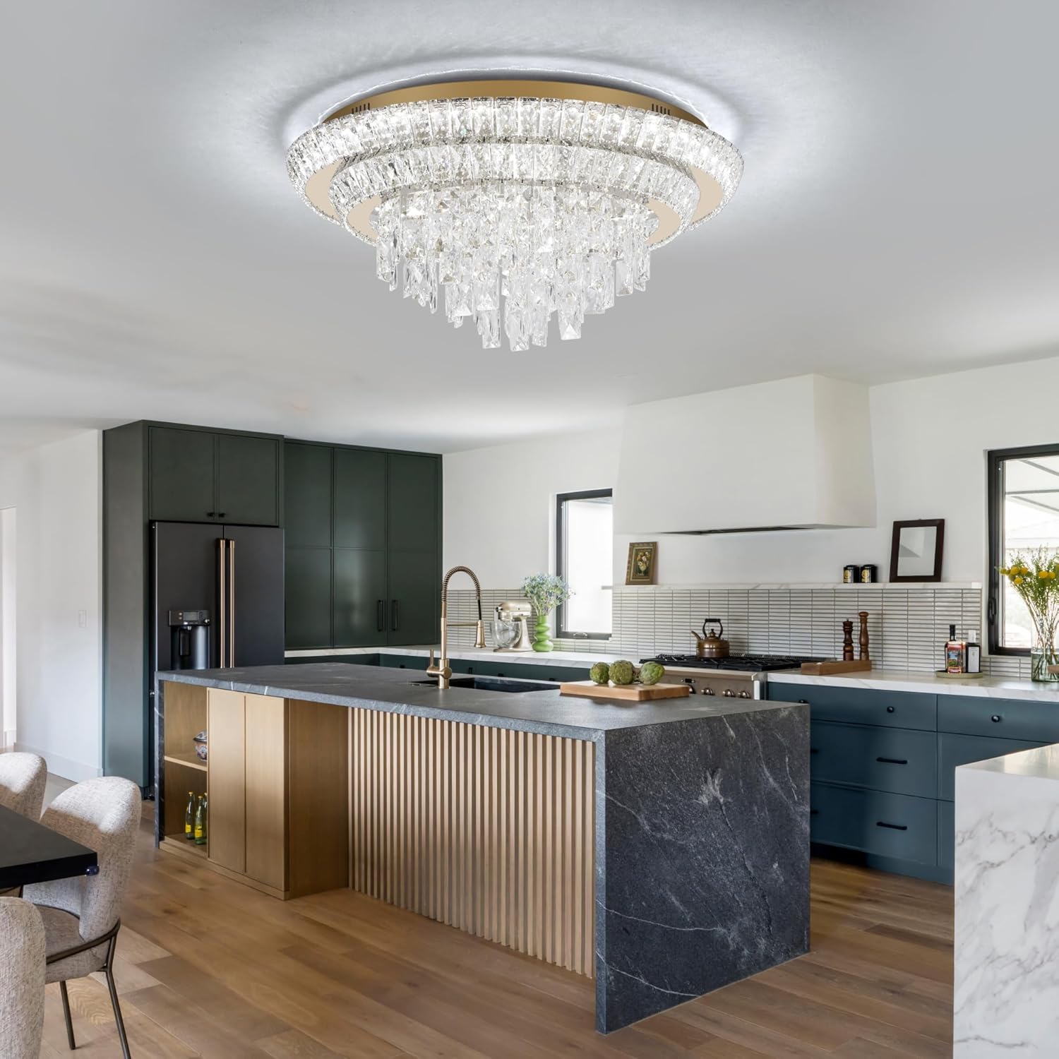 Modern Flush Mount Gold Crystal Chandelier – 24'' Round Dimmable LED Ceiling Light