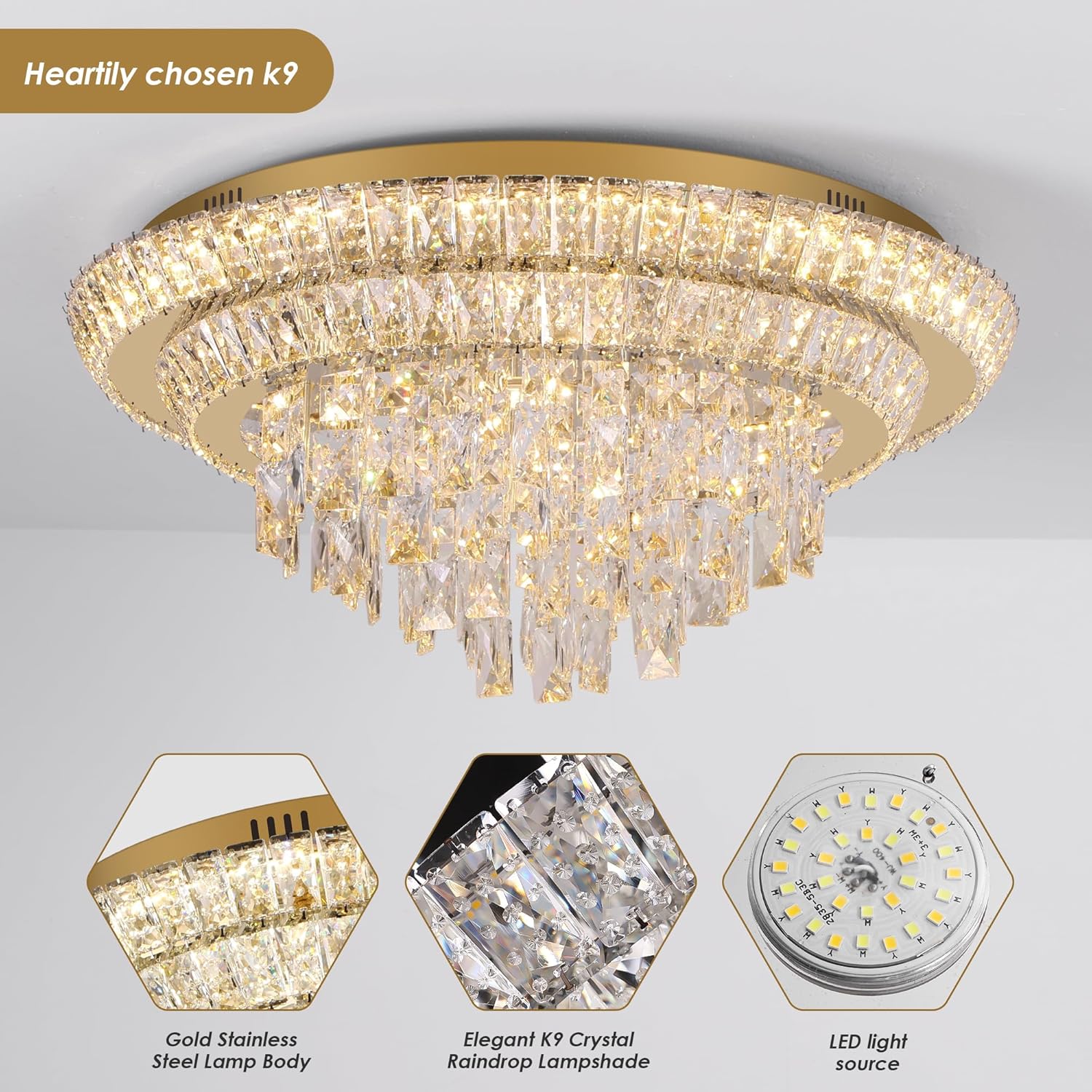 Modern Flush Mount Gold Crystal Chandelier – 24'' Round Dimmable LED Ceiling Light