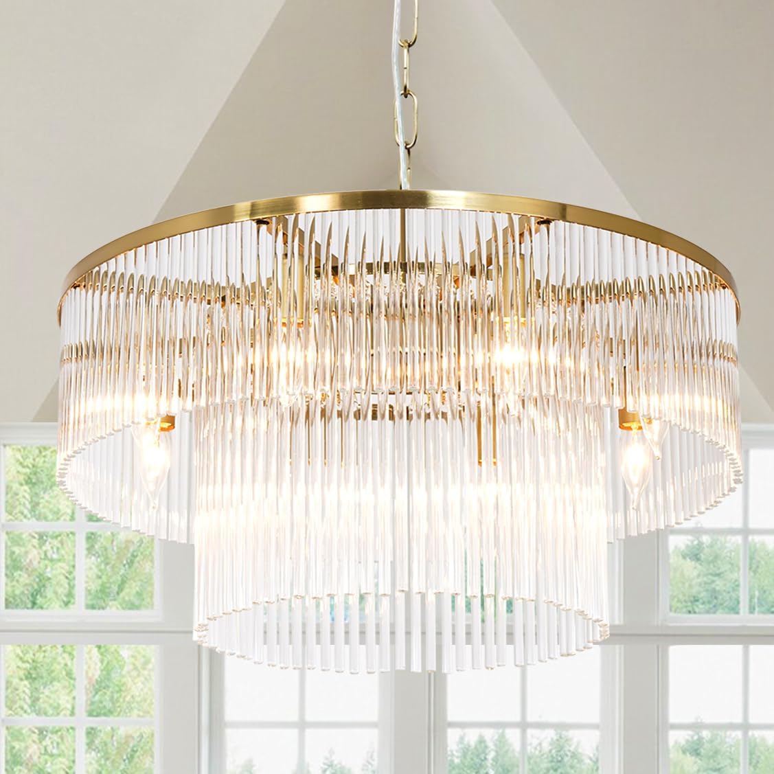 Modern Gold Crystal Chandelier – Round Dimmable LED Pendant with 3 Color Modes