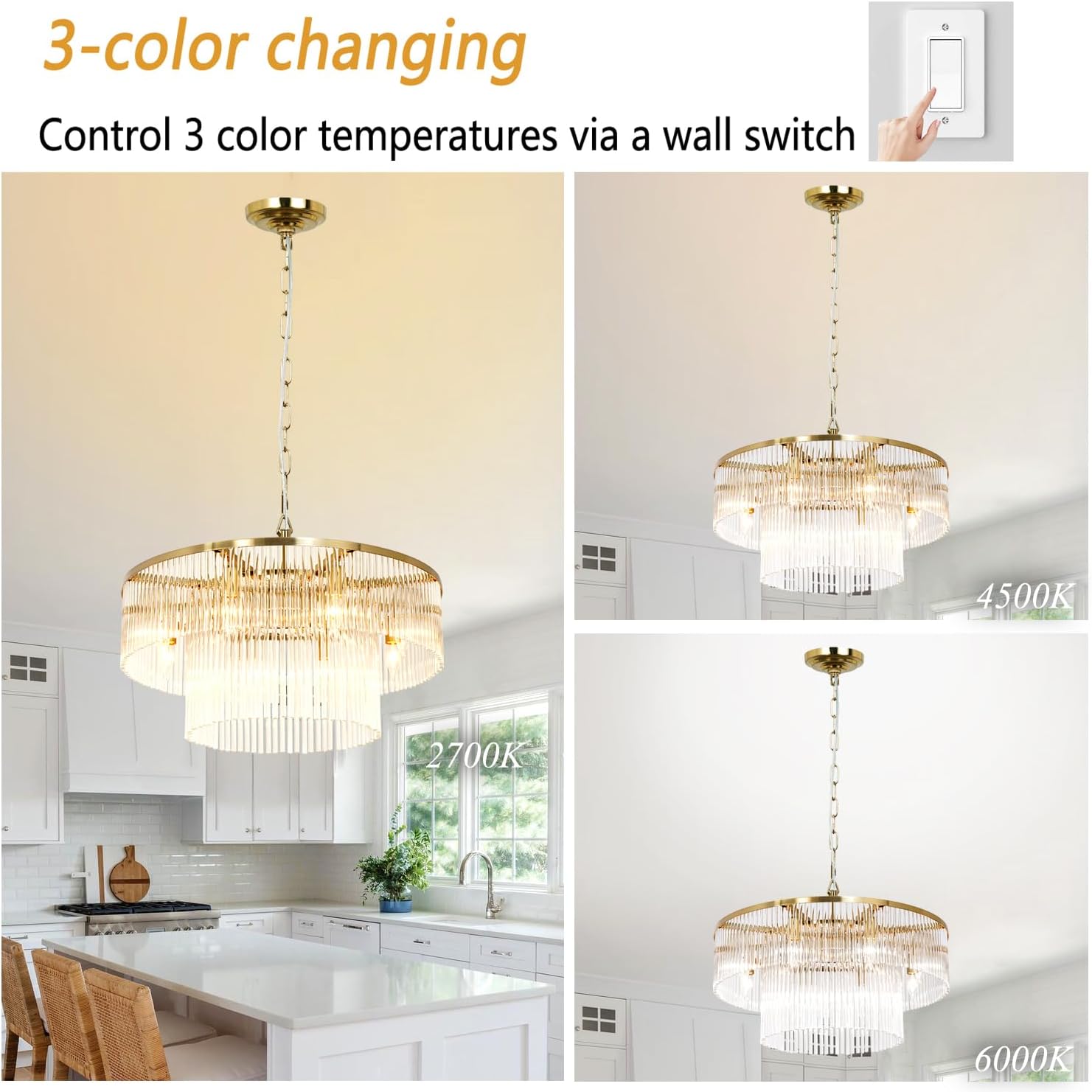 Modern Gold Crystal Chandelier – Round Dimmable LED Pendant with 3 Color Modes