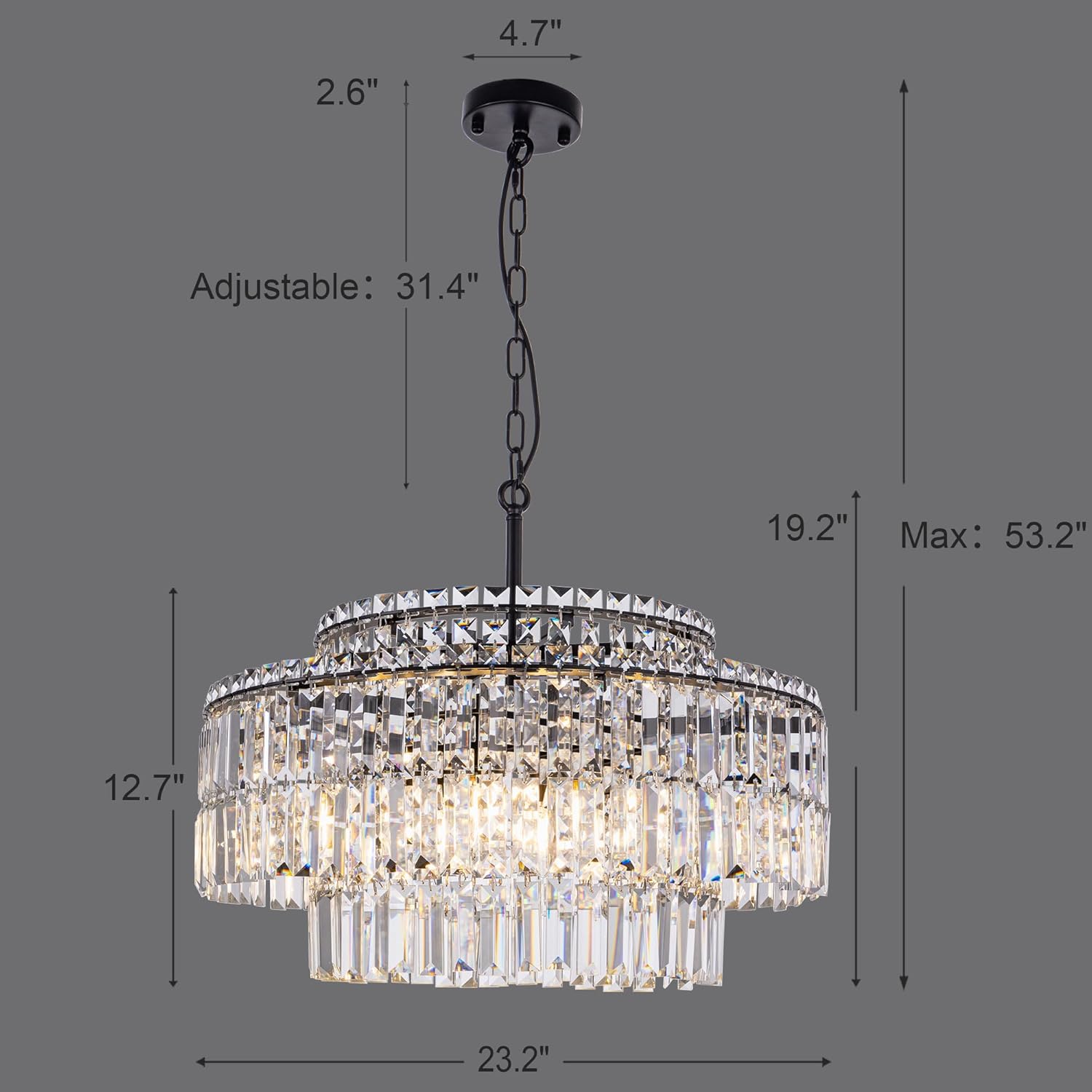 Black Modern Tiered Crystal Chandelier – 3-Layer Round LED Pendant Light