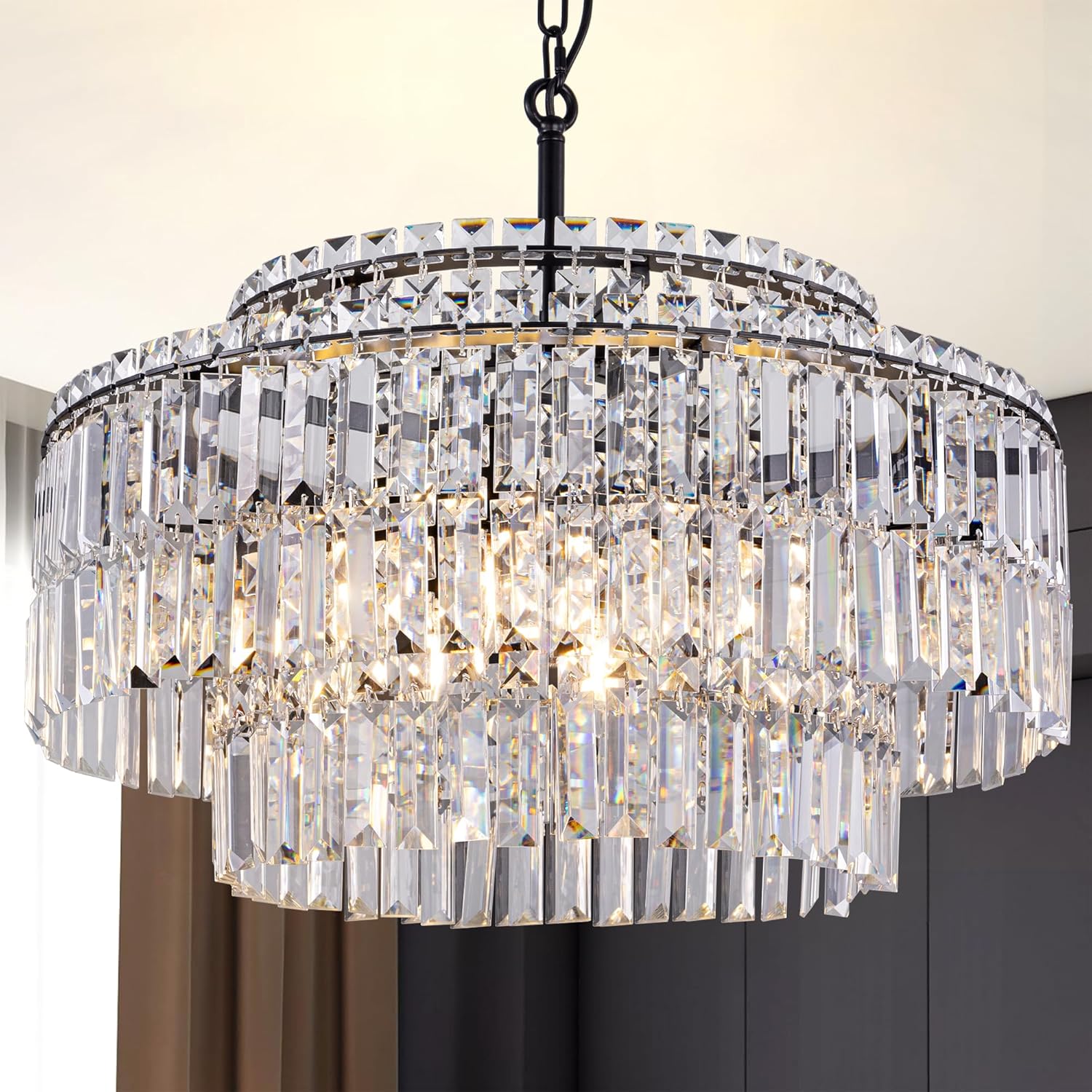 Black Modern Tiered Crystal Chandelier – 3-Layer Round LED Pendant Light