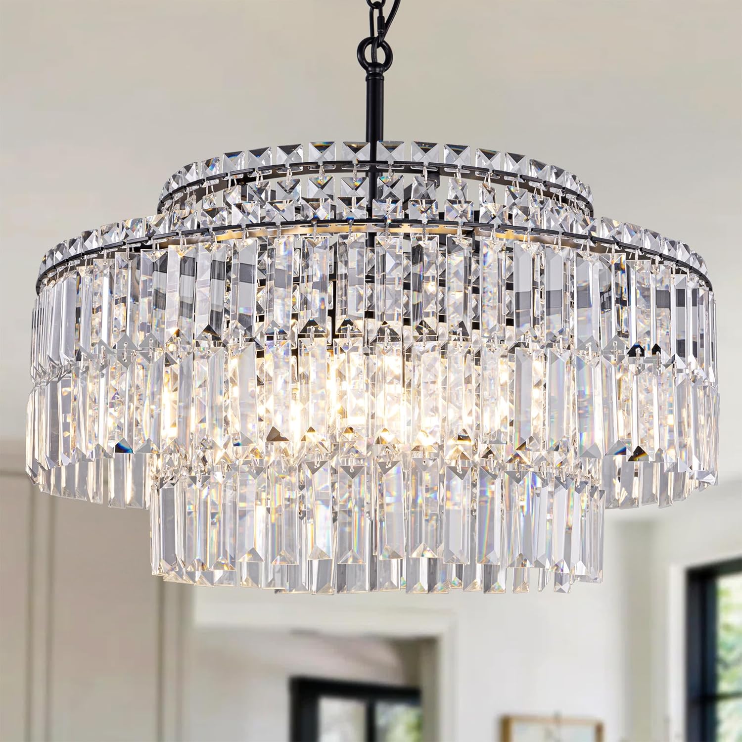 Black Modern Tiered Crystal Chandelier – 3-Layer Round LED Pendant Light