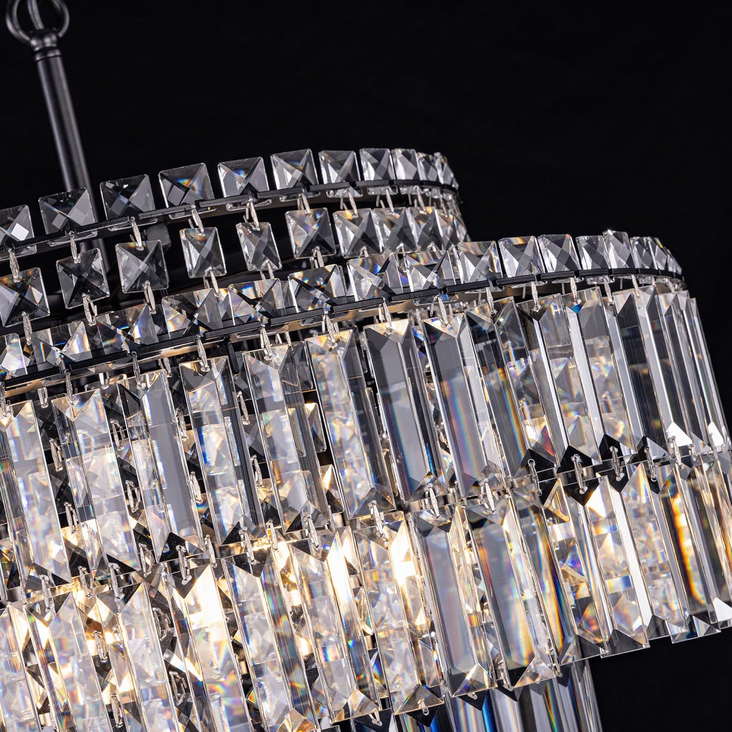 Black Modern Tiered Crystal Chandelier – 3-Layer Round LED Pendant Light