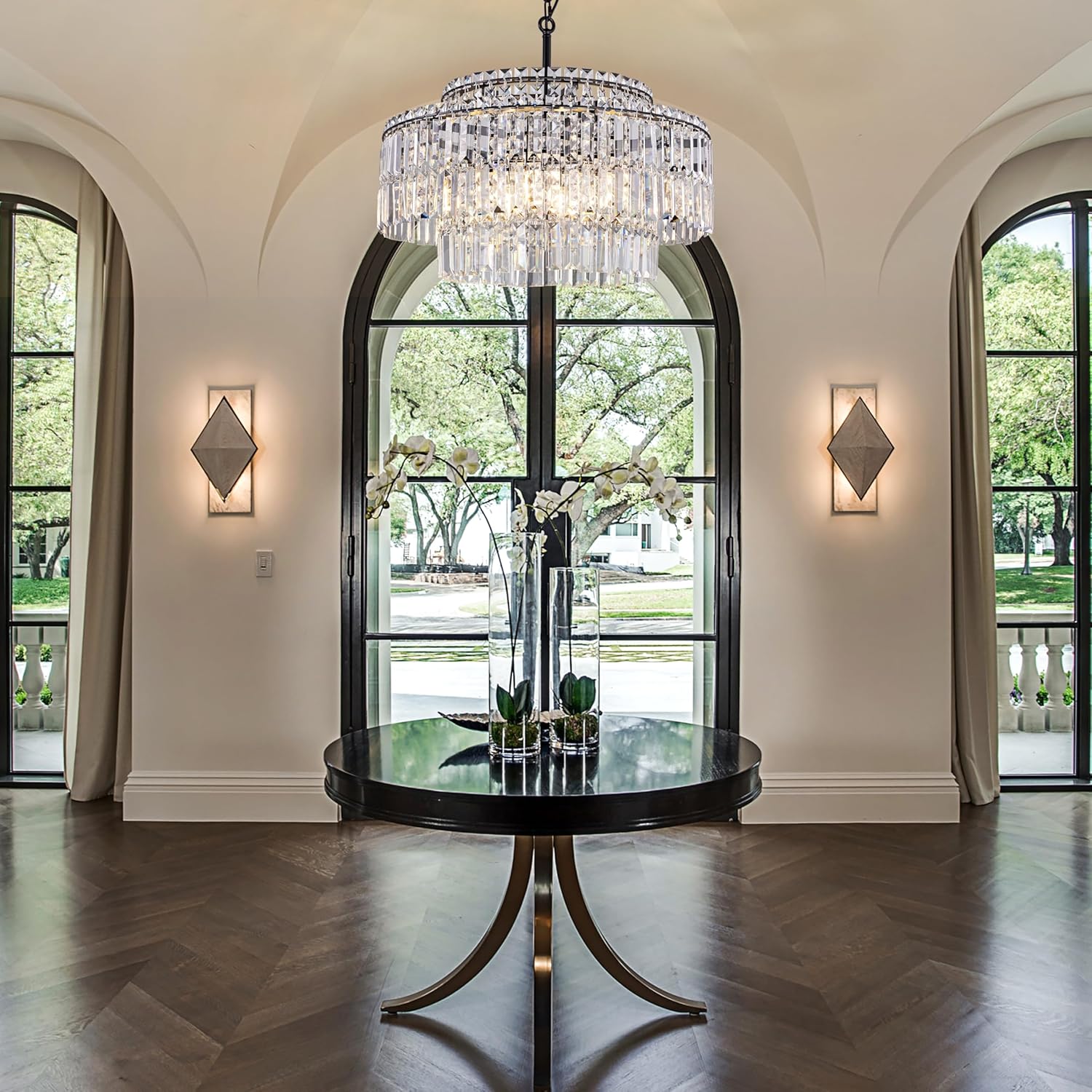 Black Modern Tiered Crystal Chandelier – 3-Layer Round LED Pendant Light