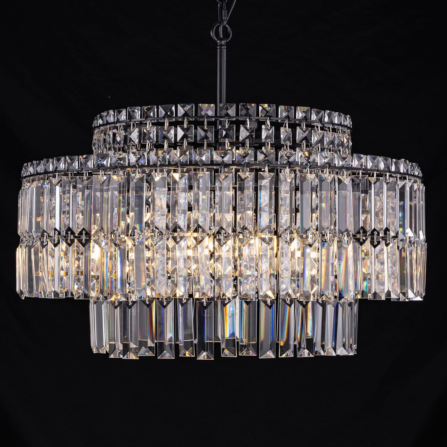 Black Modern Tiered Crystal Chandelier – 3-Layer Round LED Pendant Light