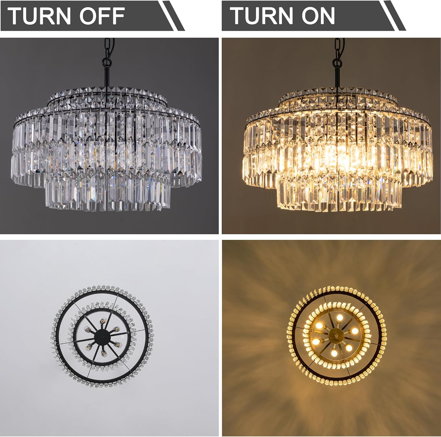 Black Modern Tiered Crystal Chandelier – 3-Layer Round LED Pendant Light