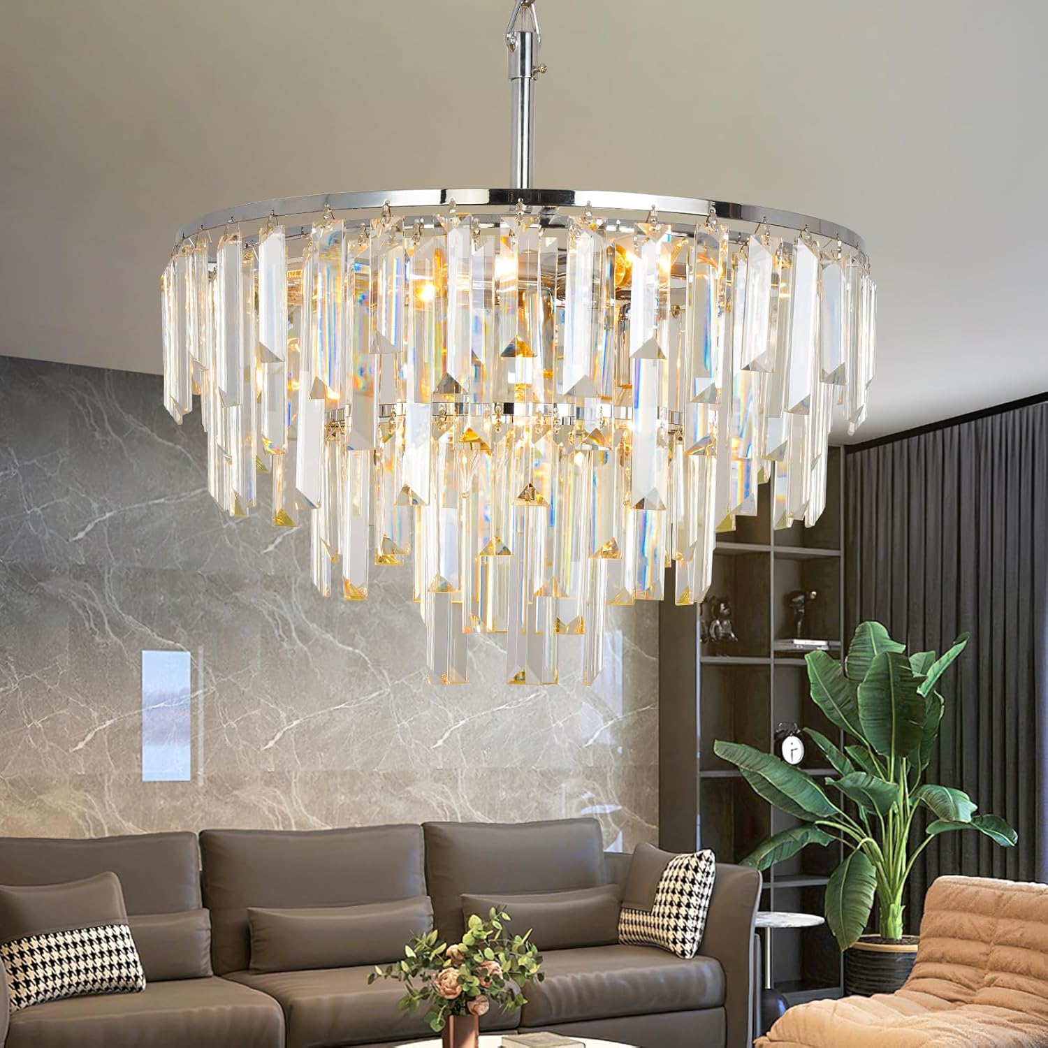 Modern Luxury Chrome Crystal Chandelier - Round LED Pendant Light with Adjustable Height and Sparkling K9 Crystals