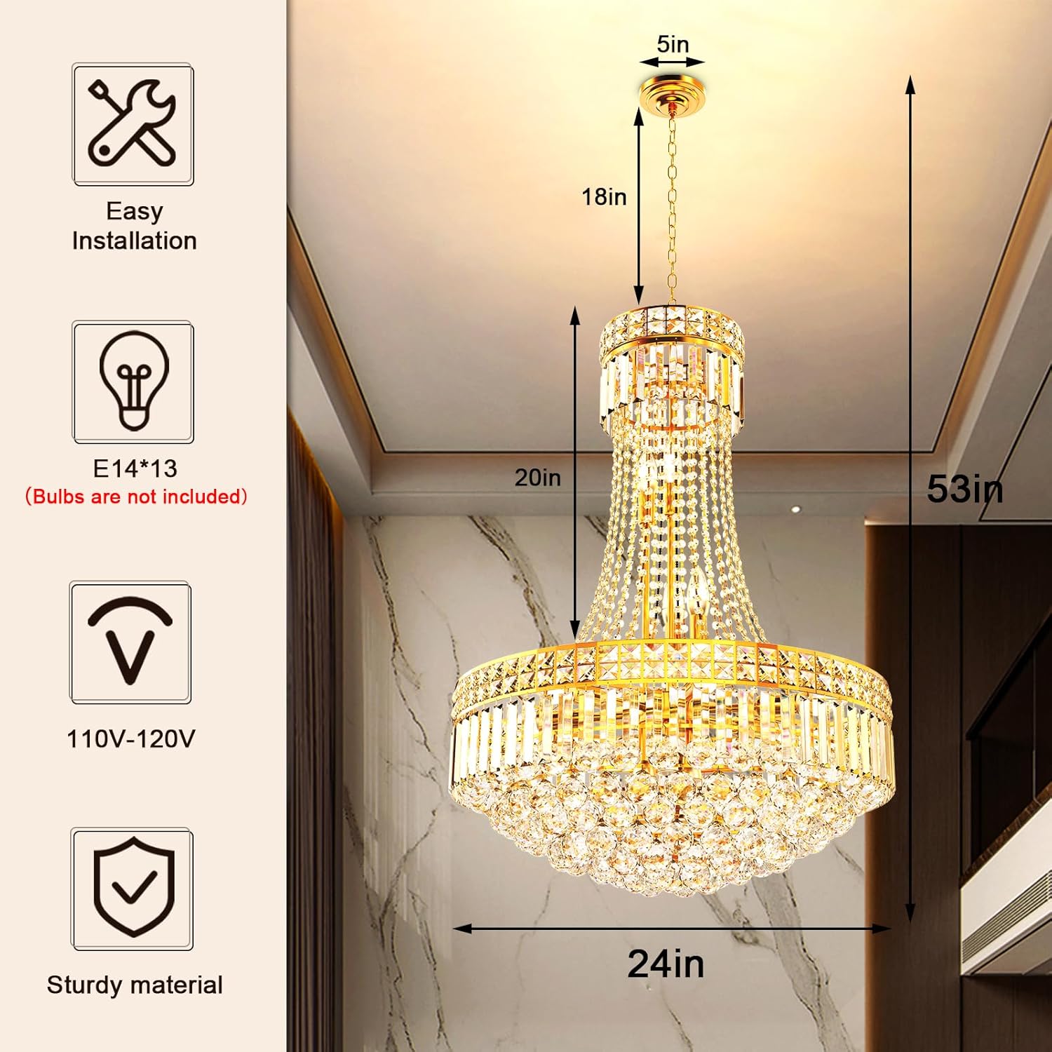 Gold Luxury Crystal Chandelier Pendant Light - 24in Round Multi-Tier Design with Adjustable Chain