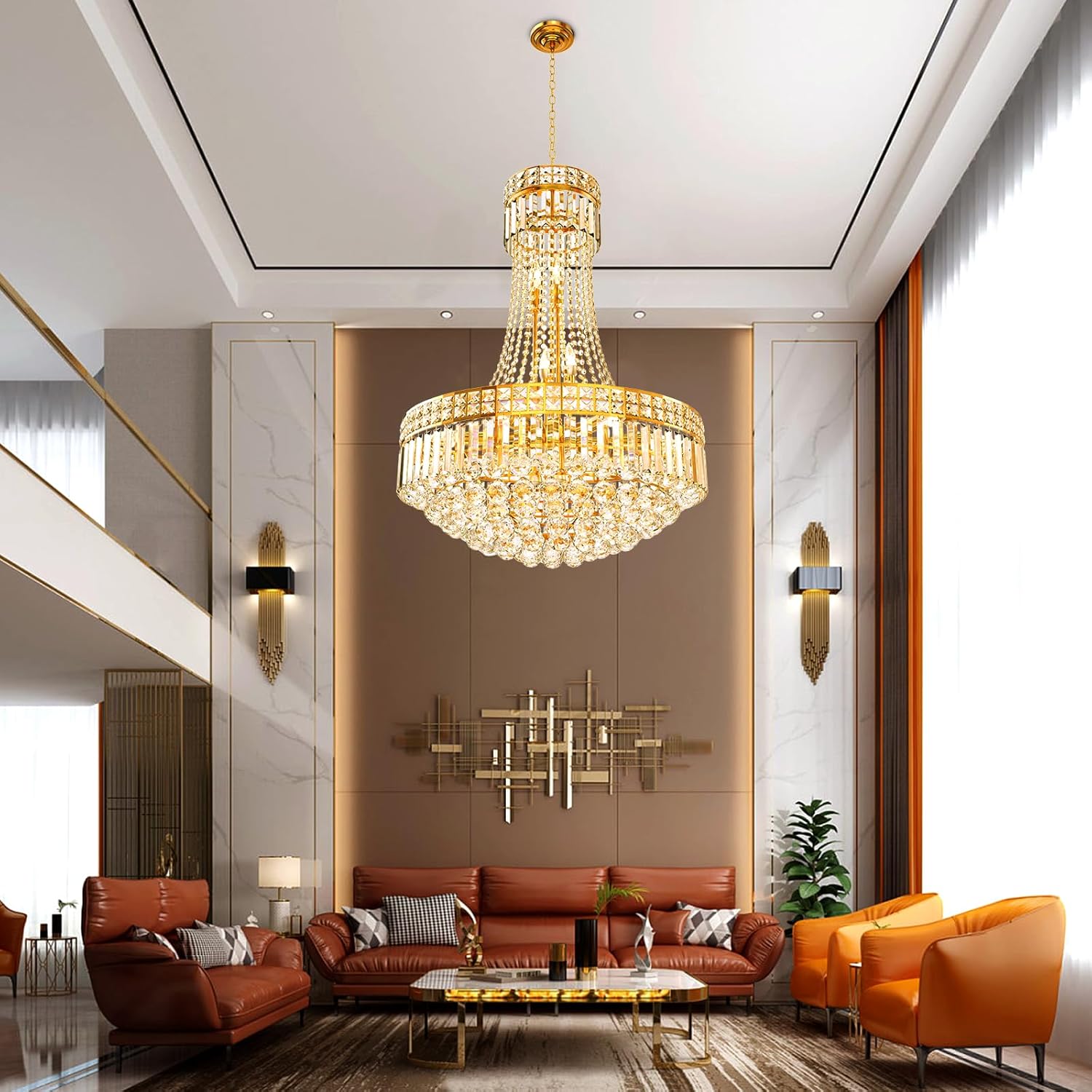 Gold Luxury Crystal Chandelier Pendant Light - 24in Round Multi-Tier Design with Adjustable Chain