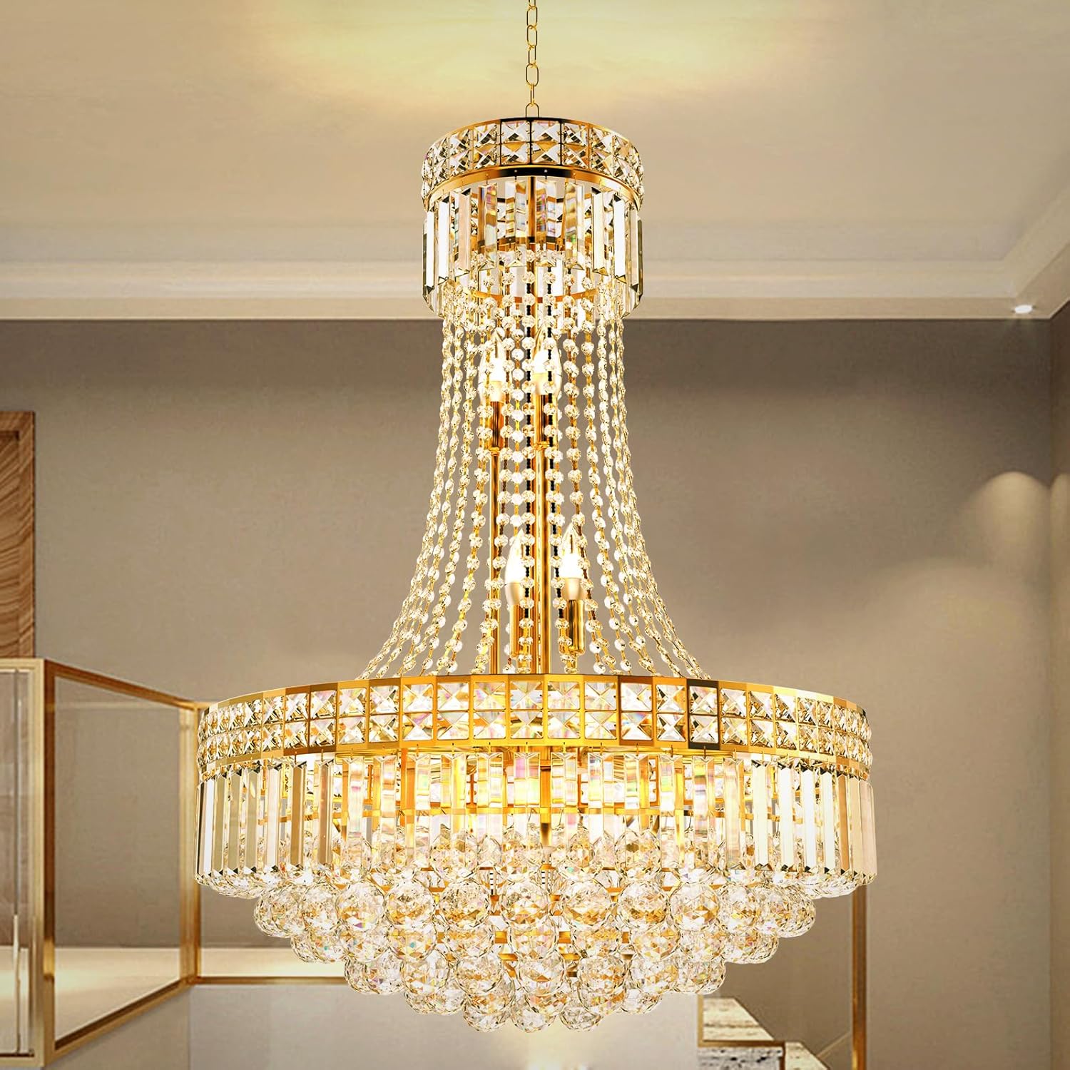 Gold Luxury Crystal Chandelier Pendant Light - 24in Round Multi-Tier Design with Adjustable Chain