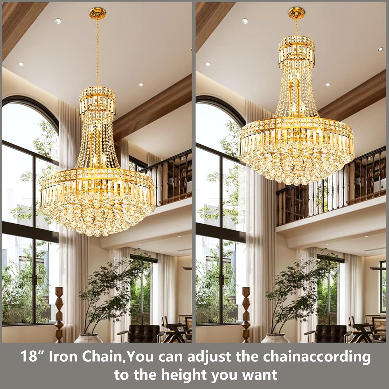 Gold Luxury Crystal Chandelier Pendant Light - 24in Round Multi-Tier Design with Adjustable Chain