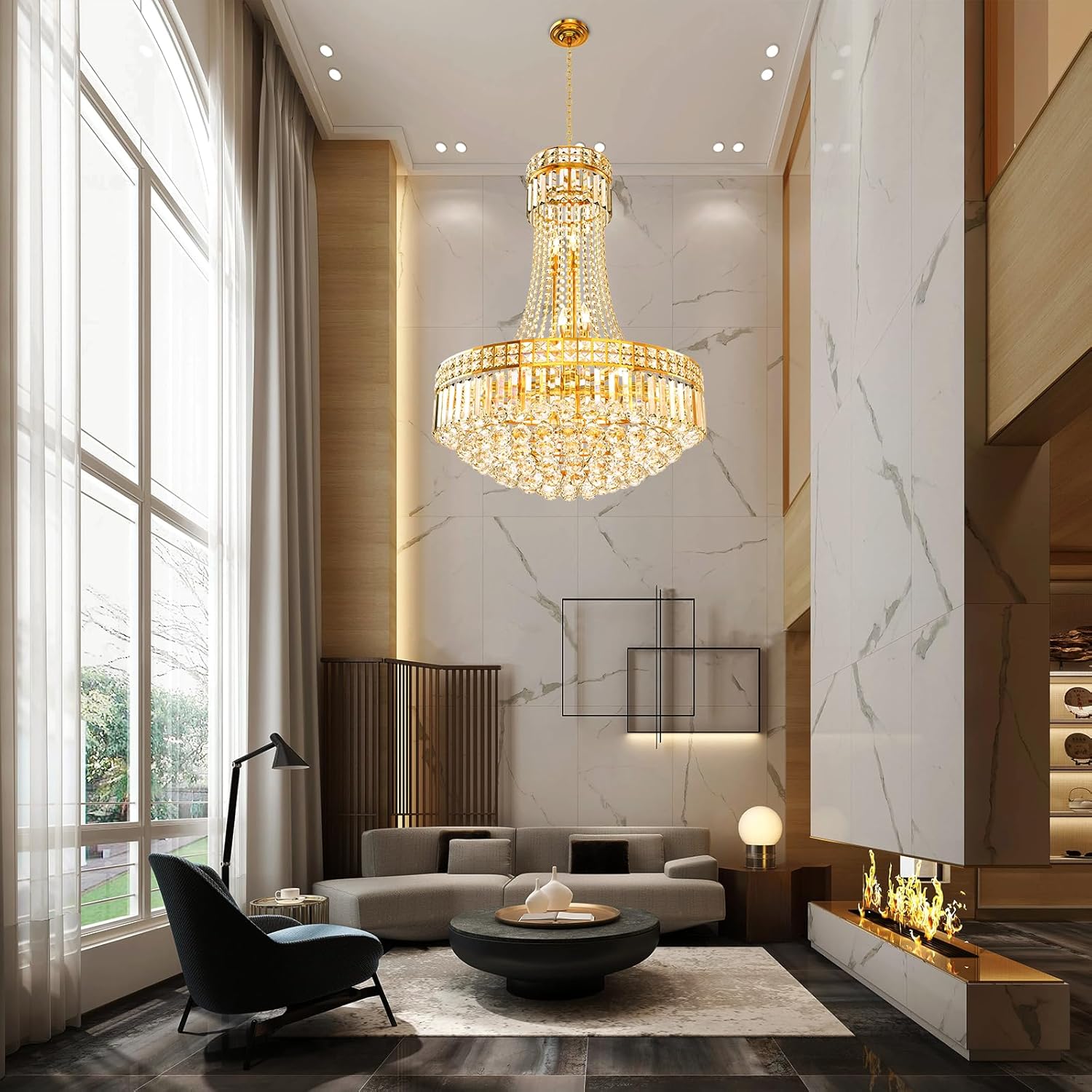 Gold Luxury Crystal Chandelier Pendant Light - 24in Round Multi-Tier Design with Adjustable Chain