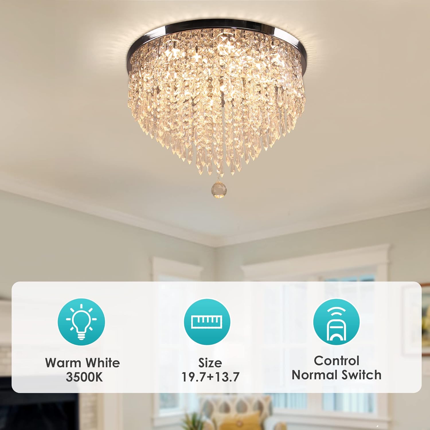 Elegant Flush Mount Crystal Chandelier – 19.7'' Round Warm White LED Ceiling Light
