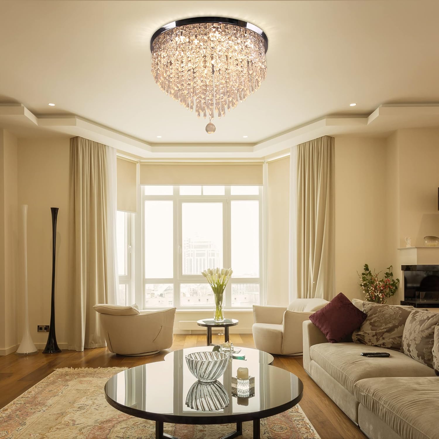 Elegant Flush Mount Crystal Chandelier – 19.7'' Round Warm White LED Ceiling Light