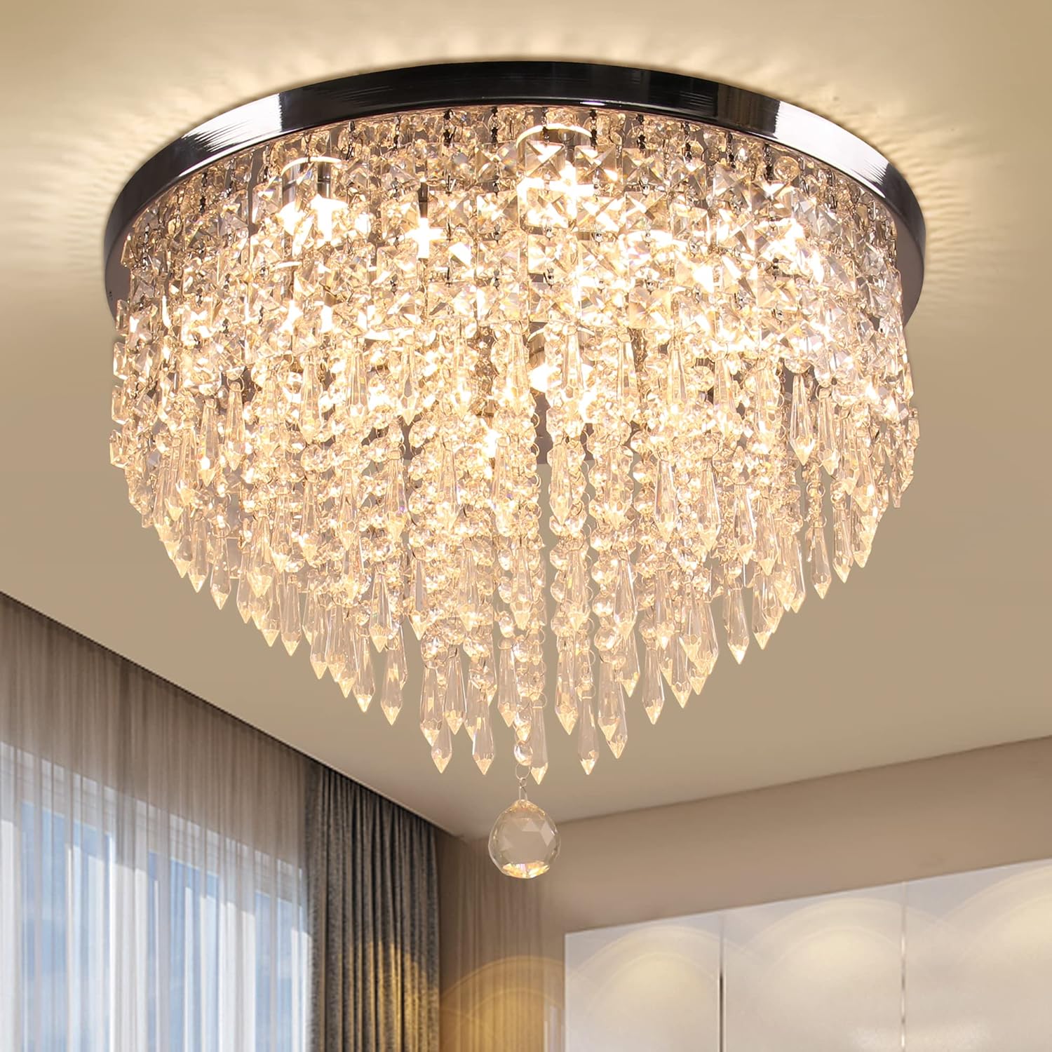 Elegant Flush Mount Crystal Chandelier – 19.7'' Round Warm White LED Ceiling Light