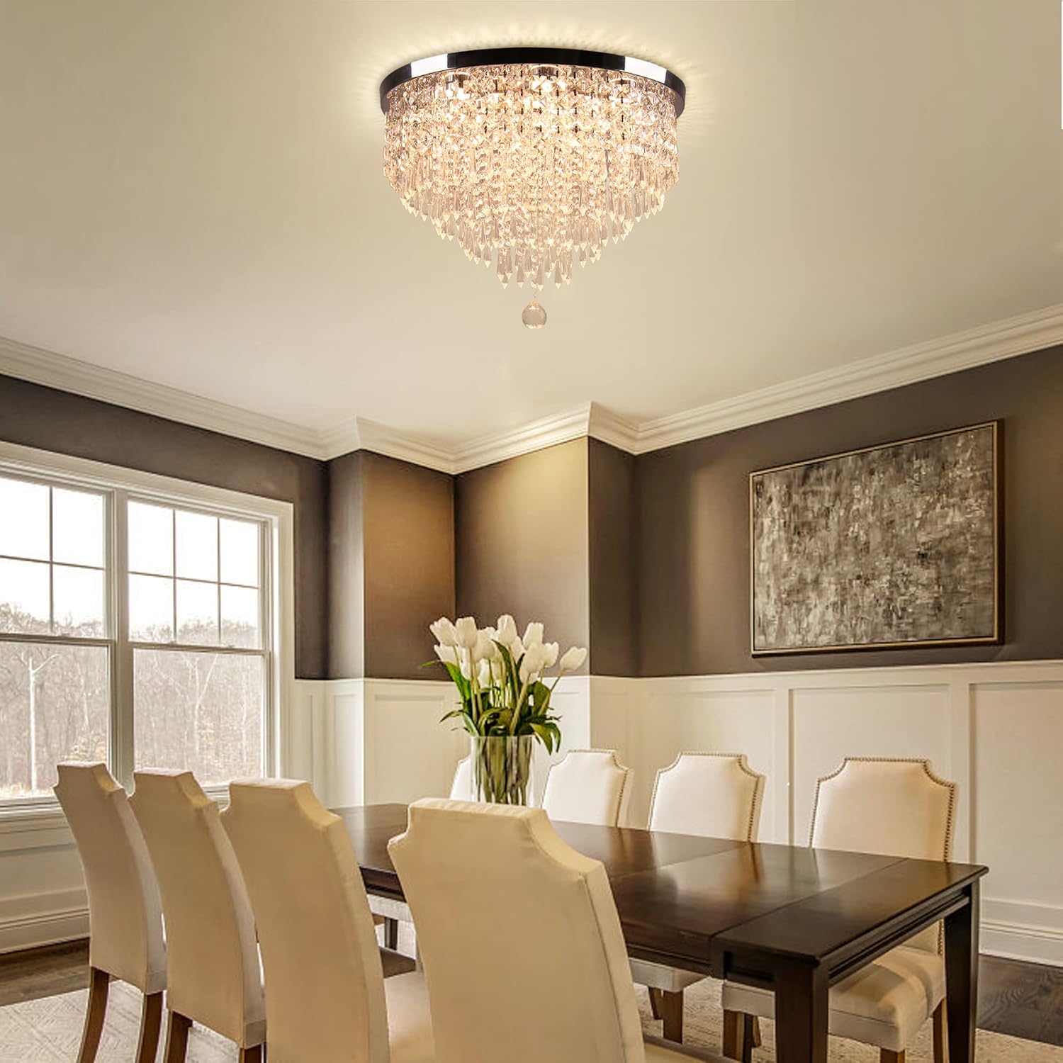 Elegant Flush Mount Crystal Chandelier – 19.7'' Round Warm White LED Ceiling Light