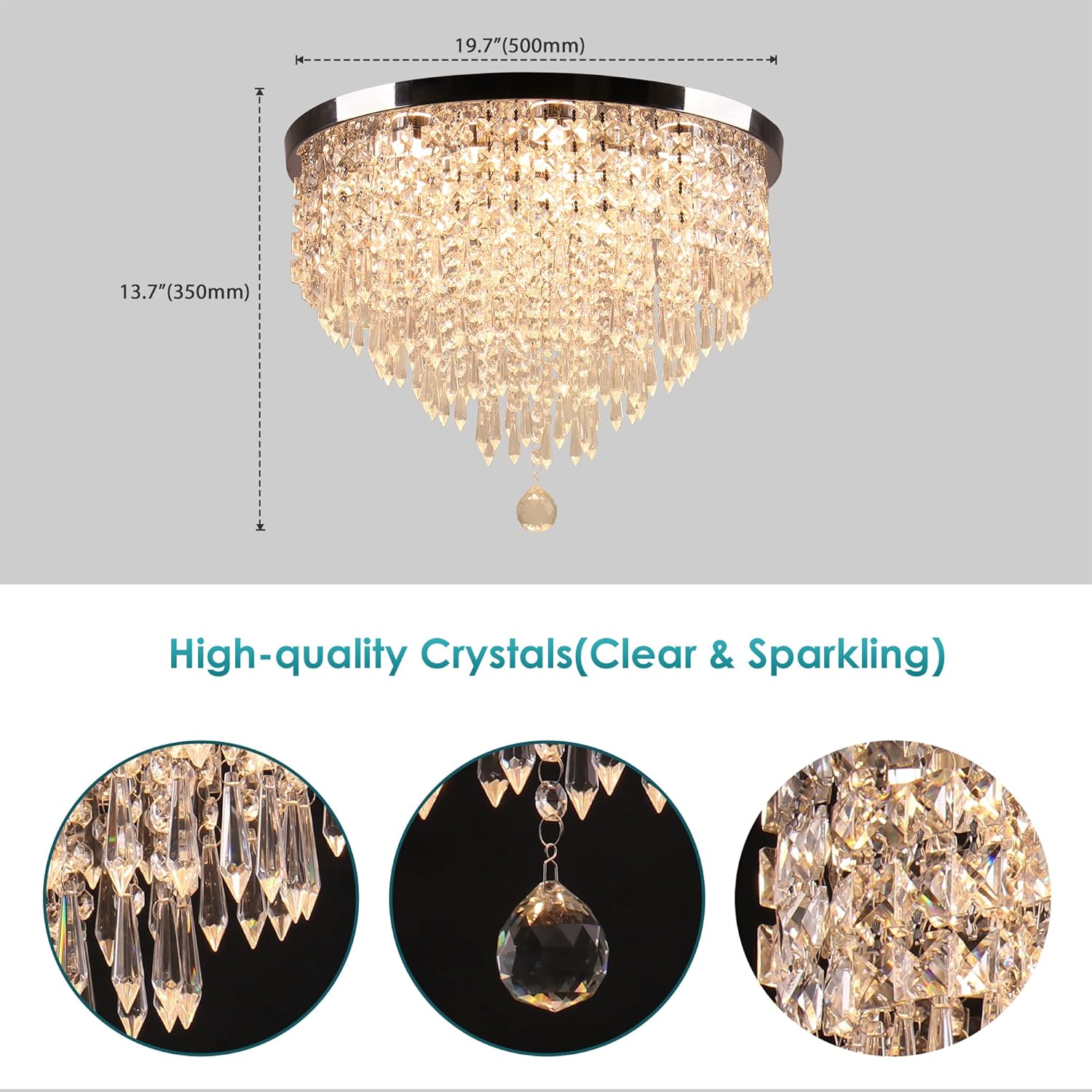Elegant Flush Mount Crystal Chandelier – 19.7'' Round Warm White LED Ceiling Light